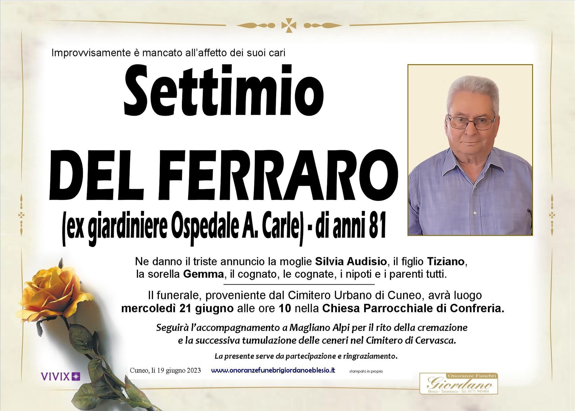 necrologio DEL FERRARO Settimio