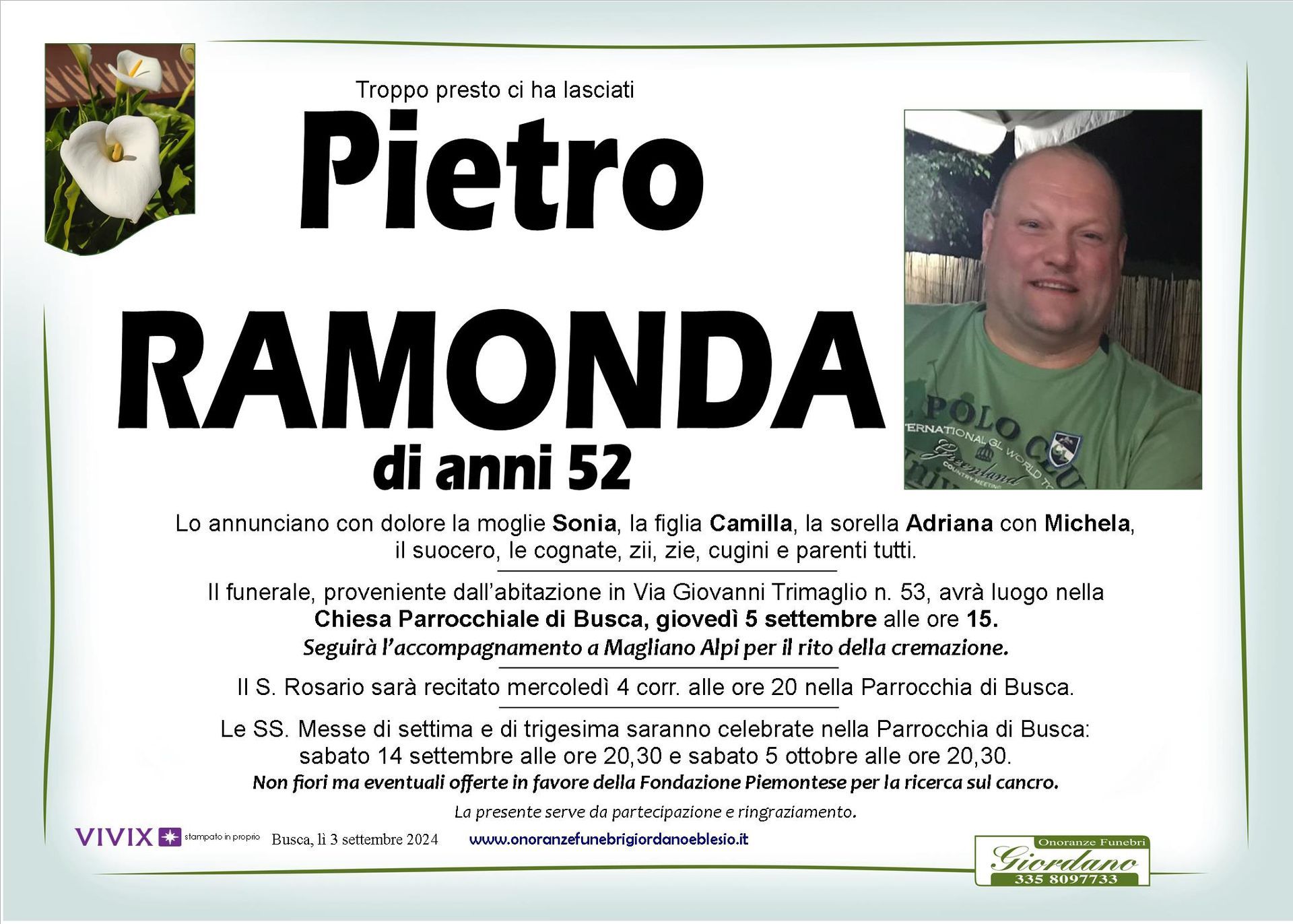 necrologio RAMONDA Pietro