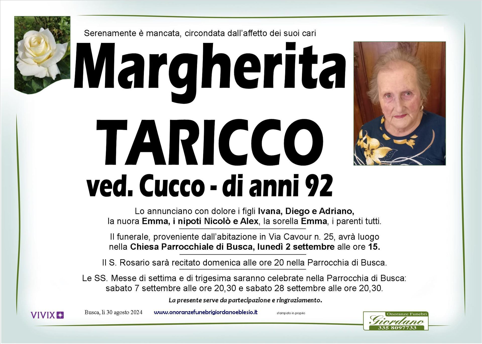 necrologio TARICCO Margherita ved. Cucco