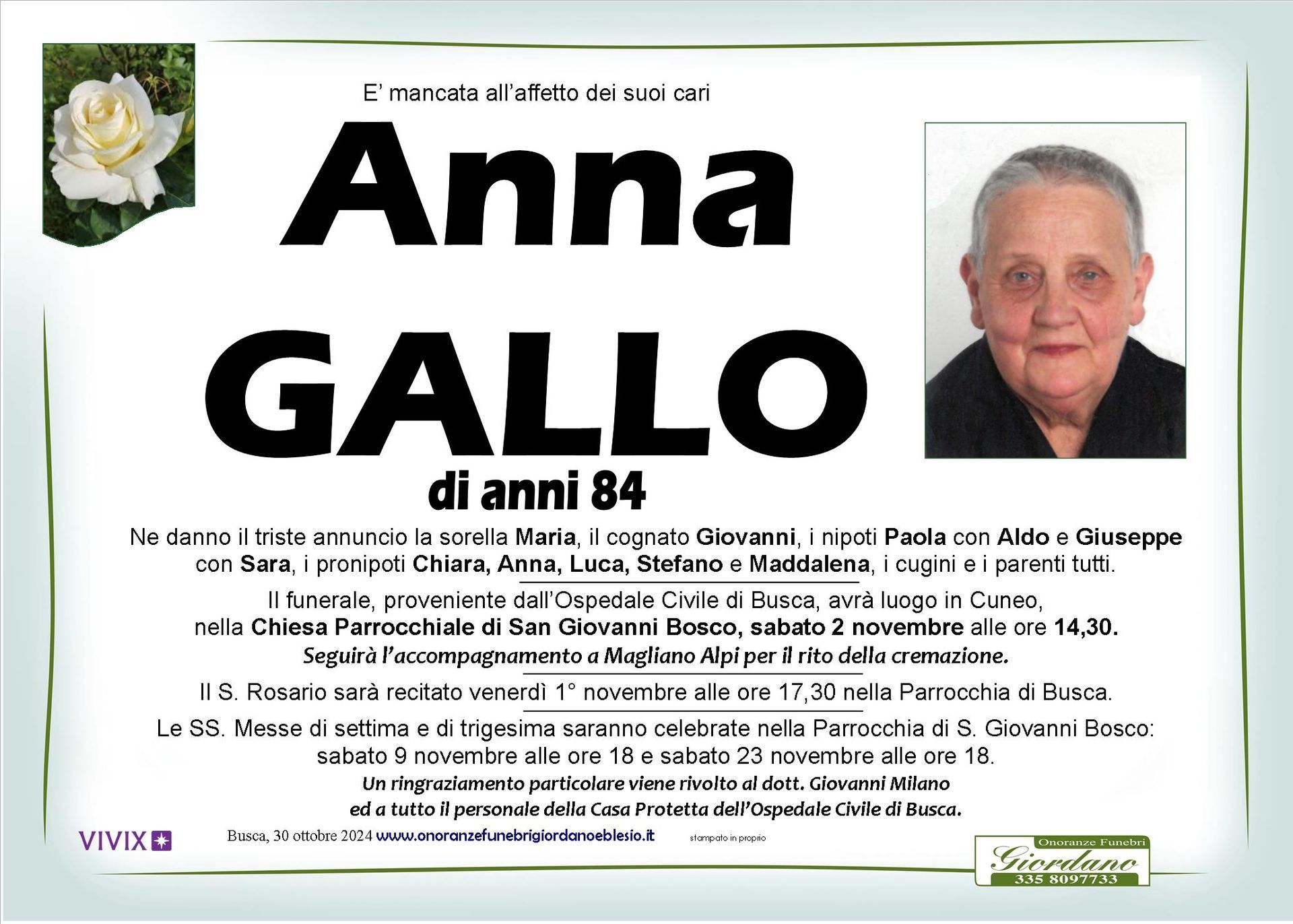 necrologio GALLO Anna