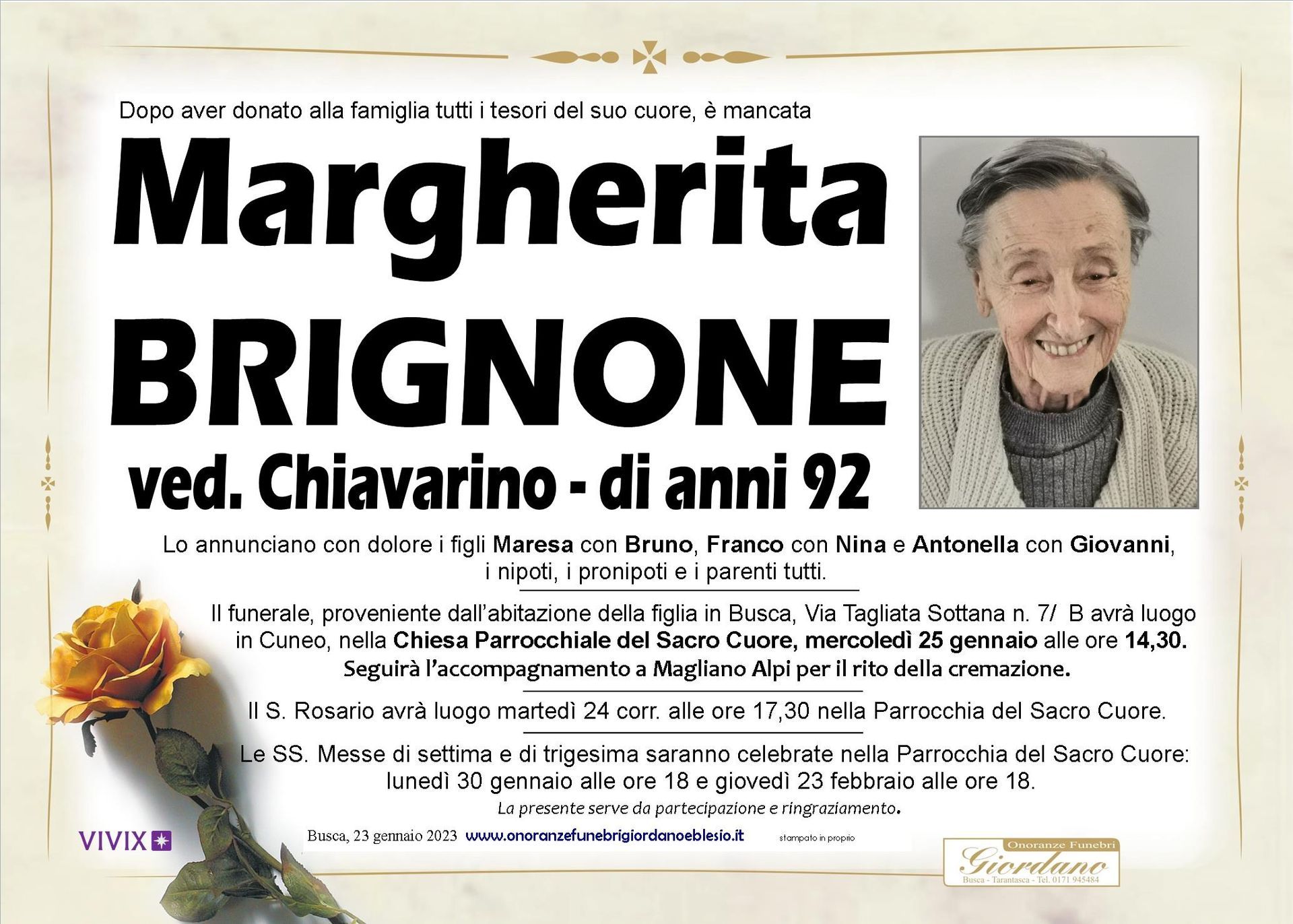 necrologio BRIGNONE Margherita ved. Chiavarino