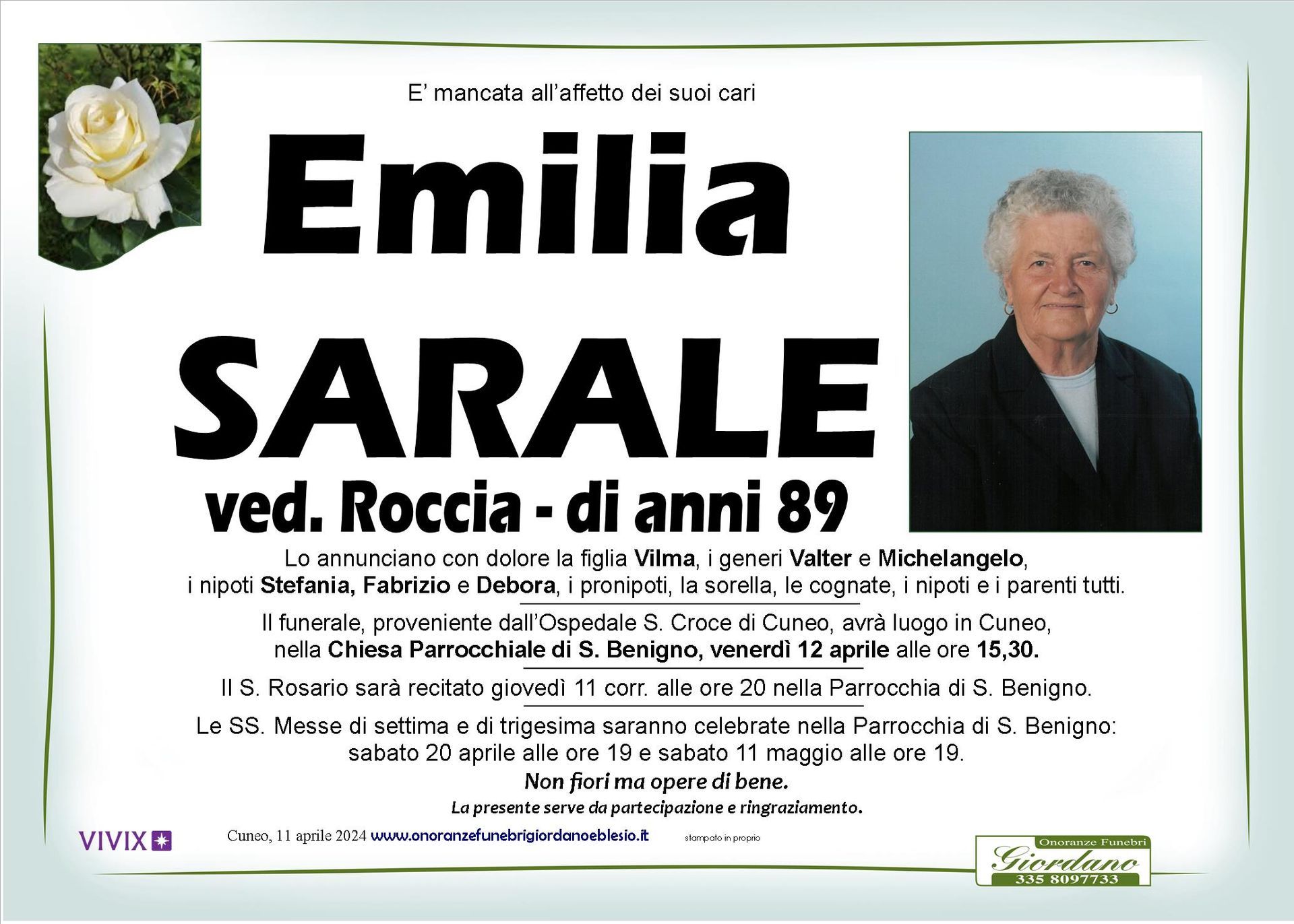 necrologio SARALE Emilia ved. Roccia