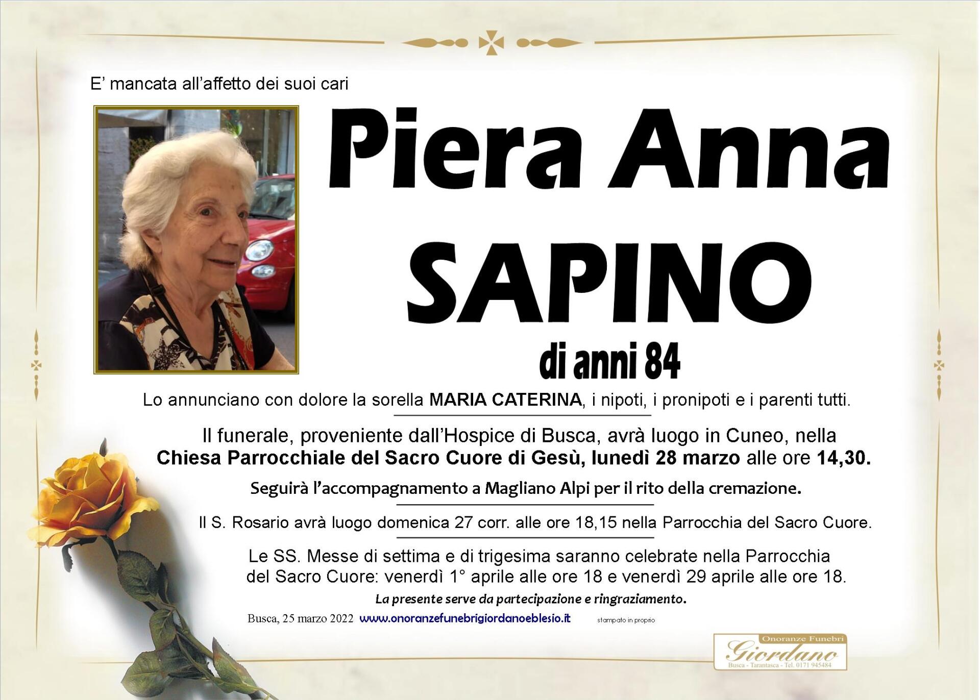 necrologio SAPINO Piera Anna