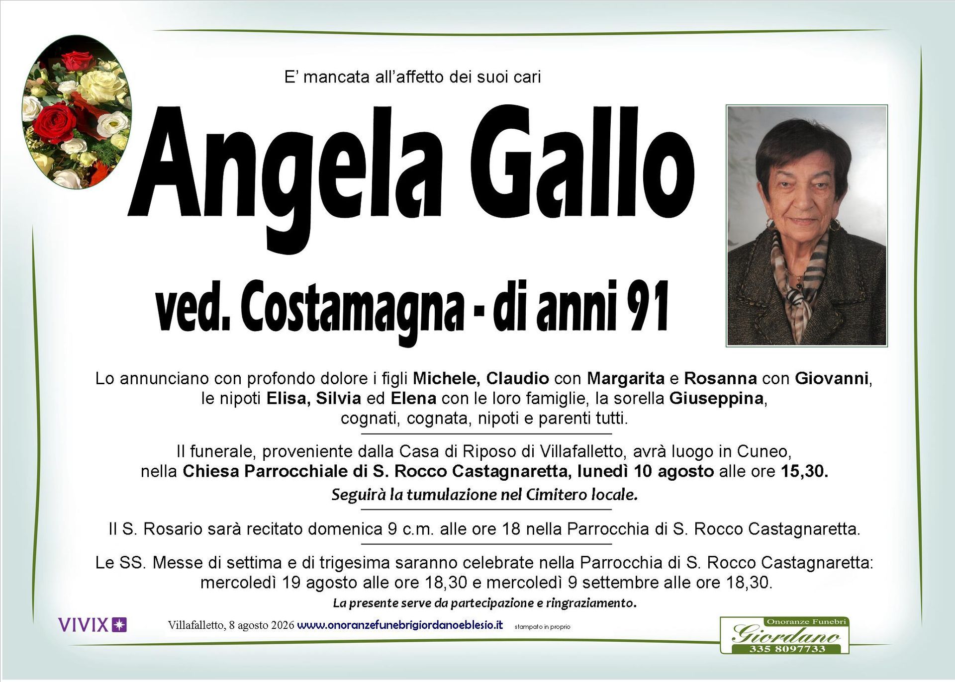 necrologio GALLO Angela ved. Costamagna