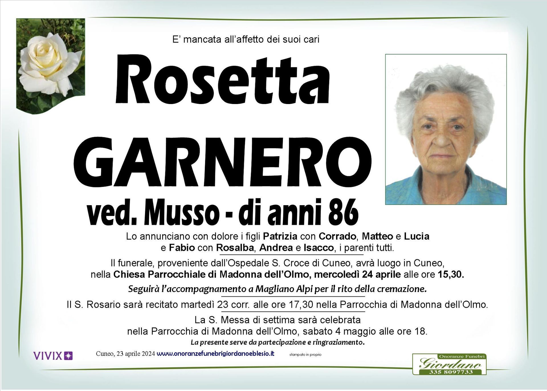 necrologio GARNERO Rosetta ved. Musso