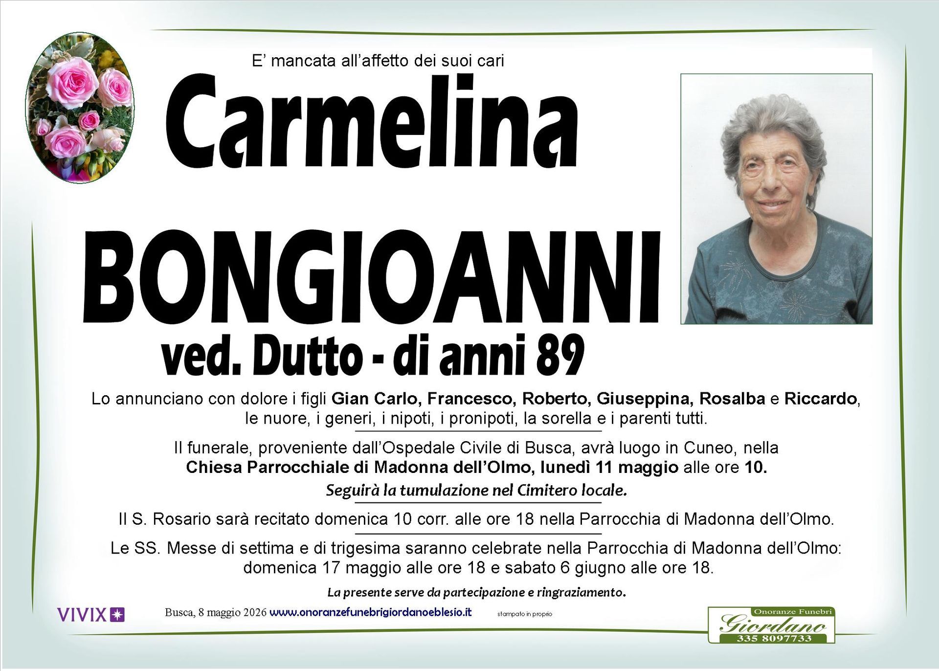 necrologio BONGIOANNI Carmelina ved. Dutto