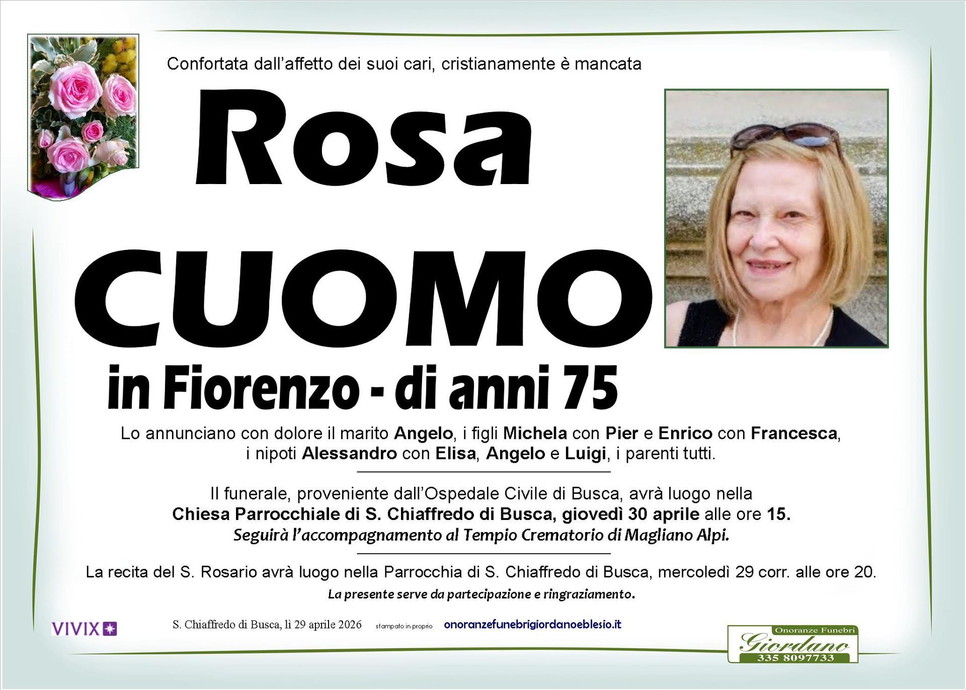 necrologio CUOMO Rosa in Fiorenzo