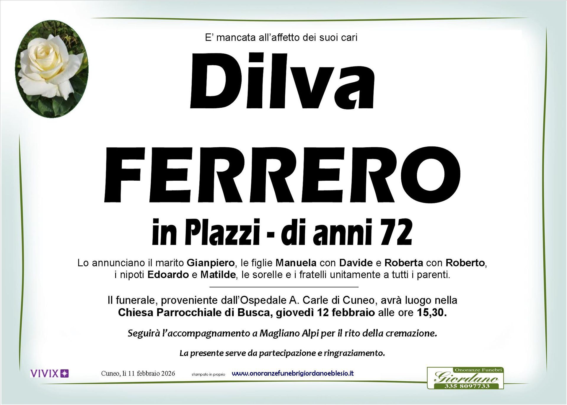 necrologio FERRERO Dilva in Plazzi