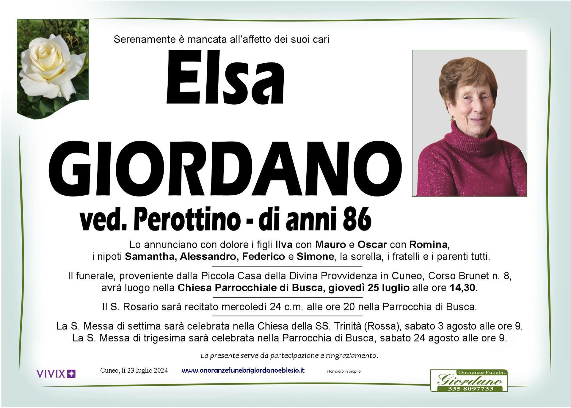 necrologio GIORDANO Elsa ved. Perottino