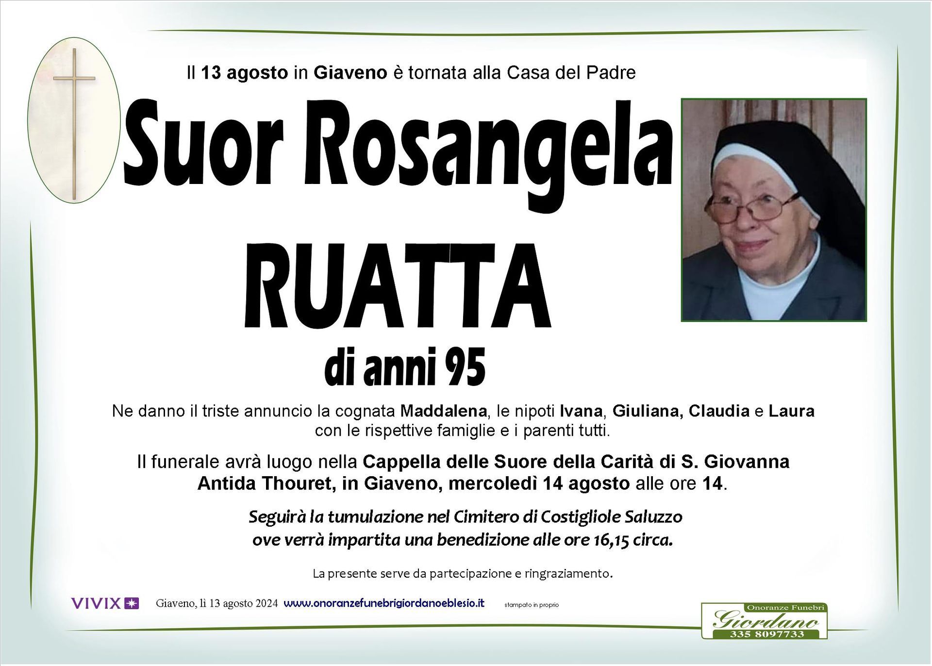 necrologio RUATTA Suor Rosangela
