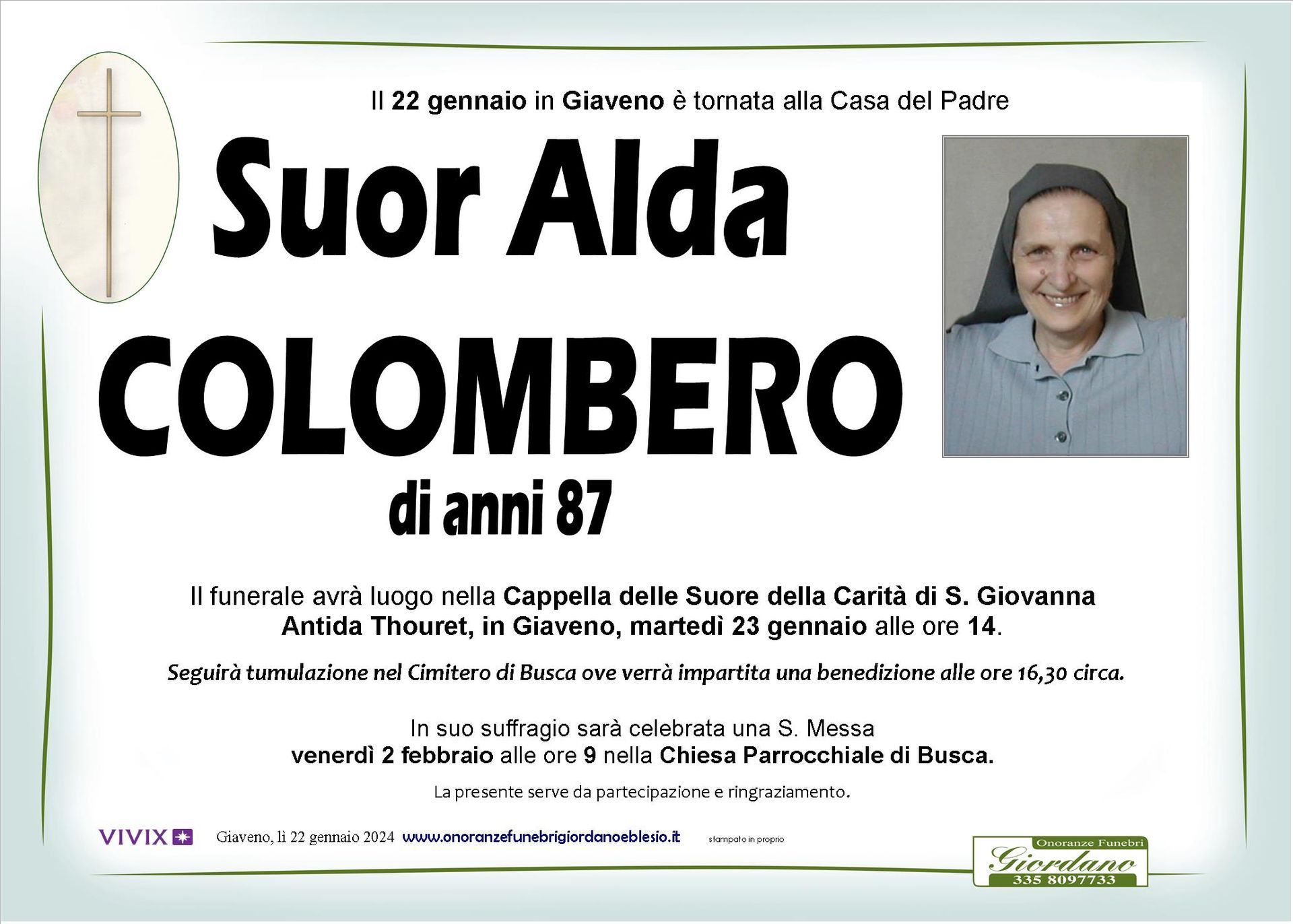 necrologio COLOMBERO Suor Alda
