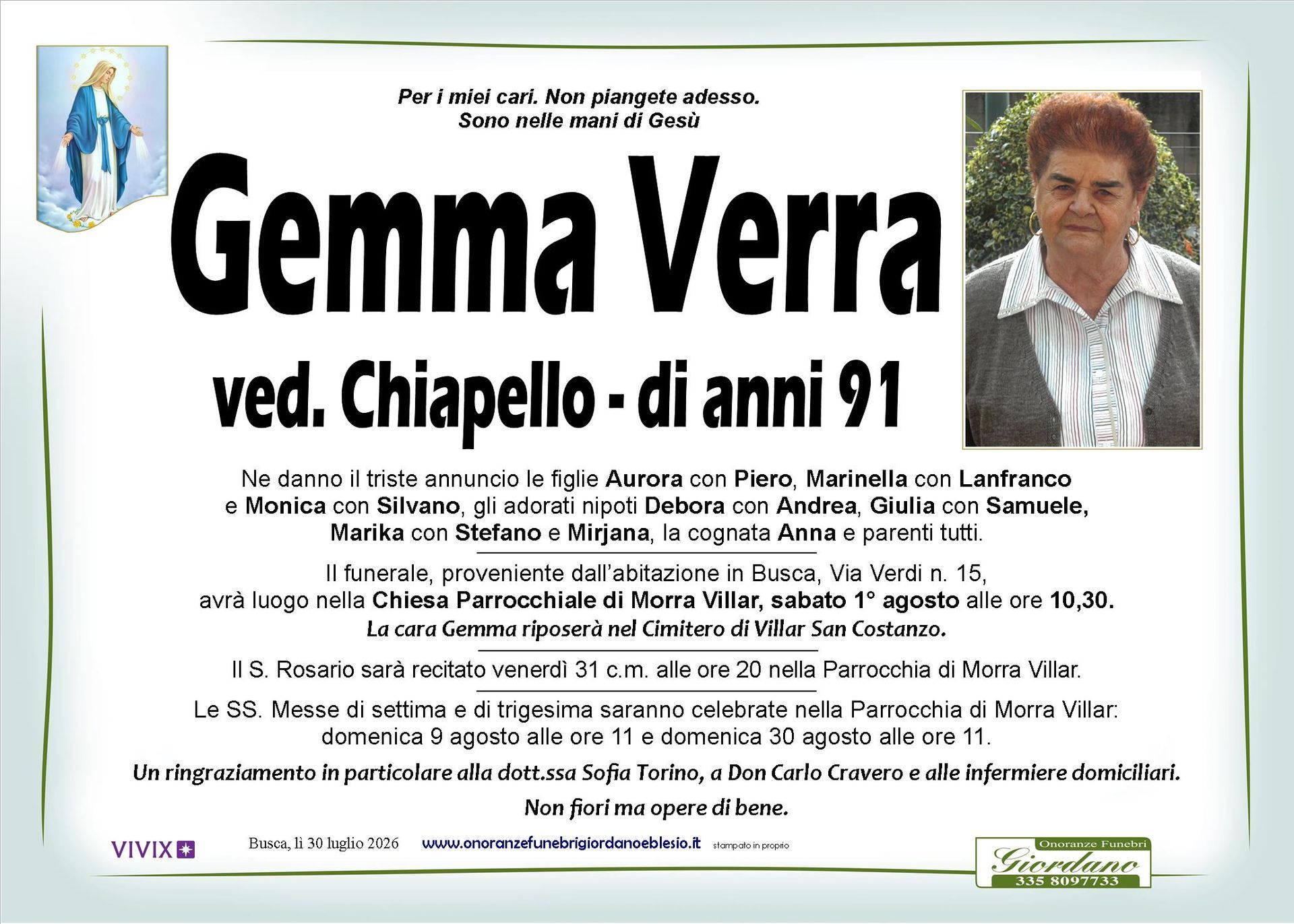 necrologio VERRA Gemma ved. Chiapello