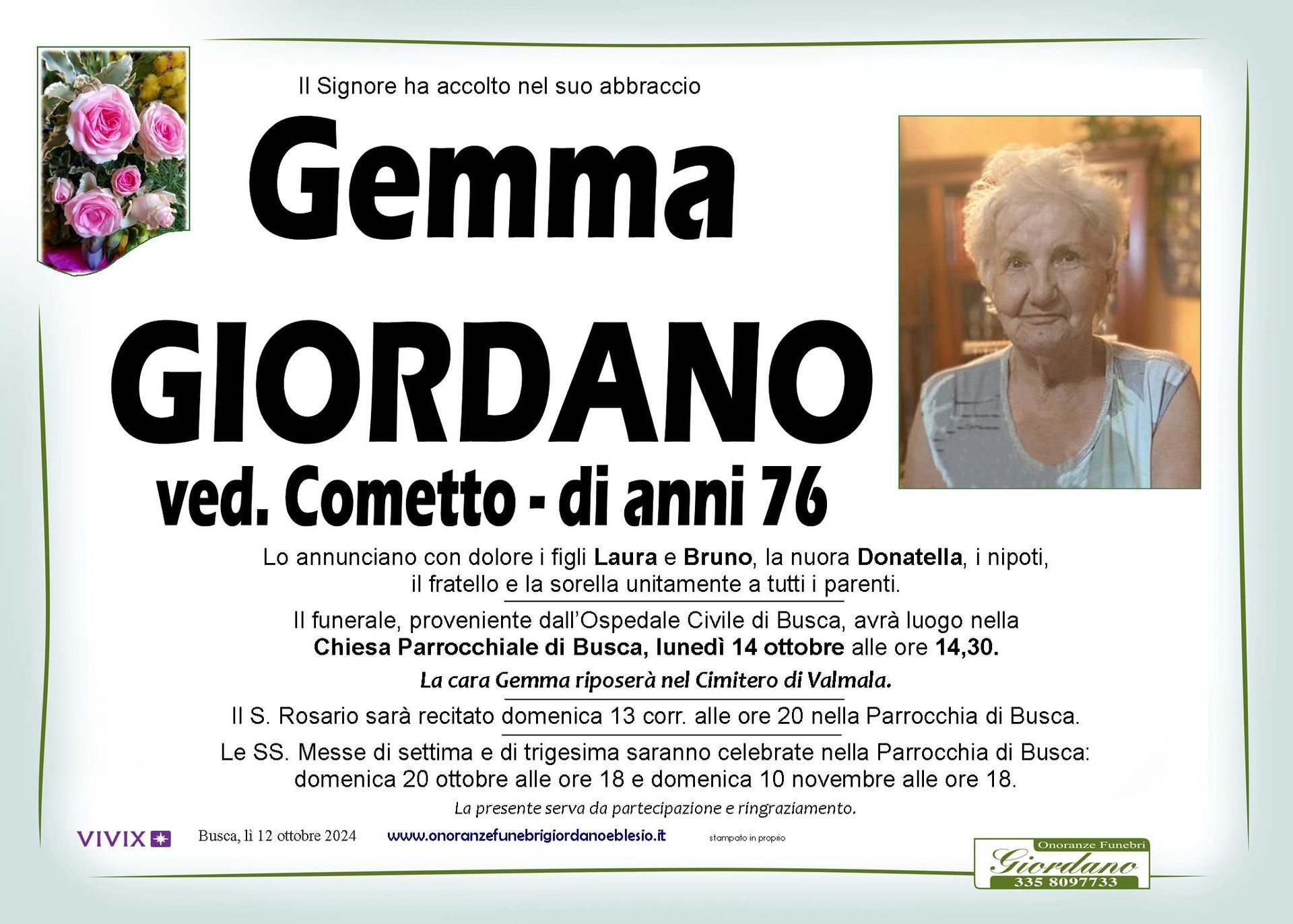 necrologio GIORDANO Gemma ved. Cometto