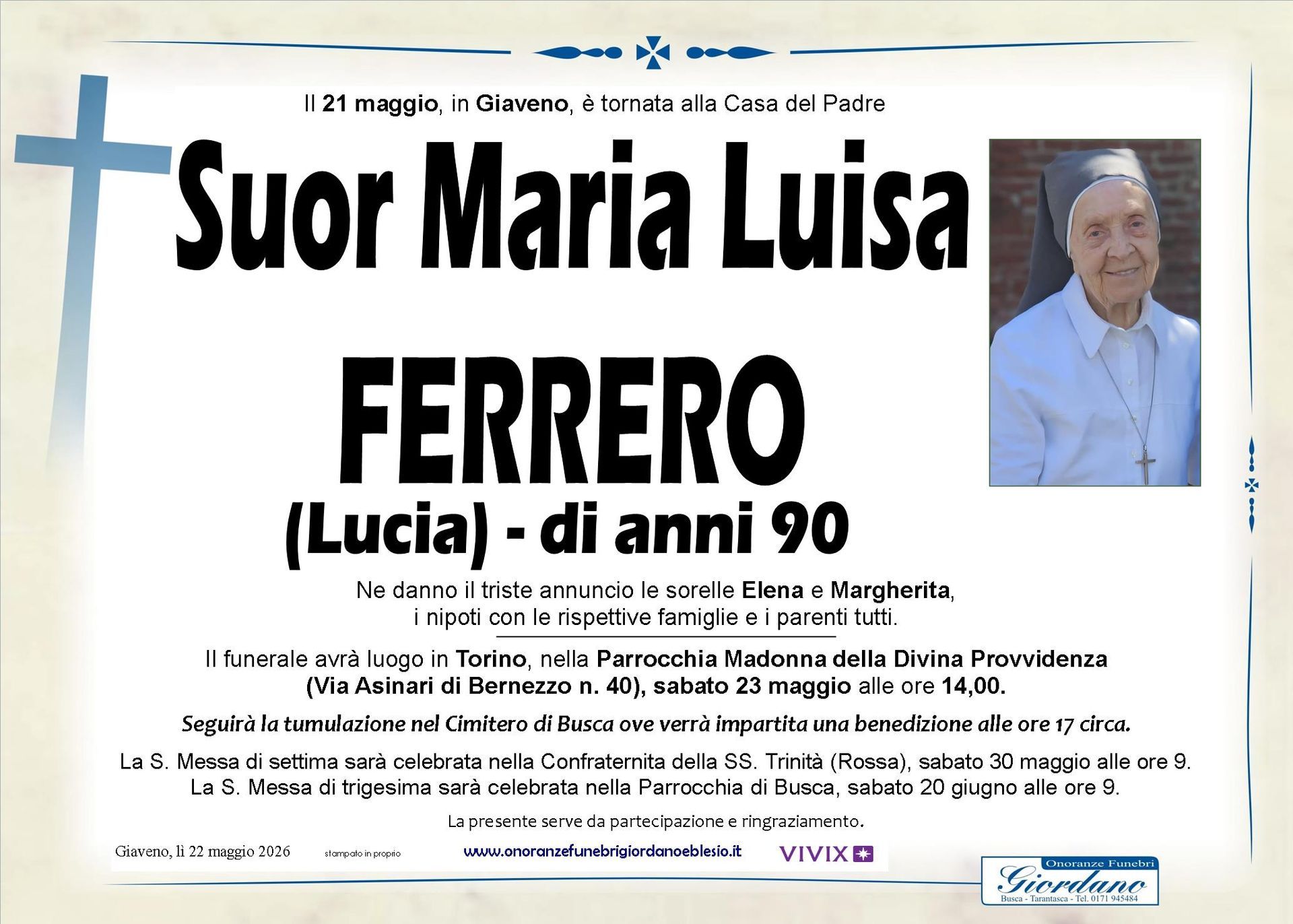 necrologio FERRERO Suor Maria Luisa