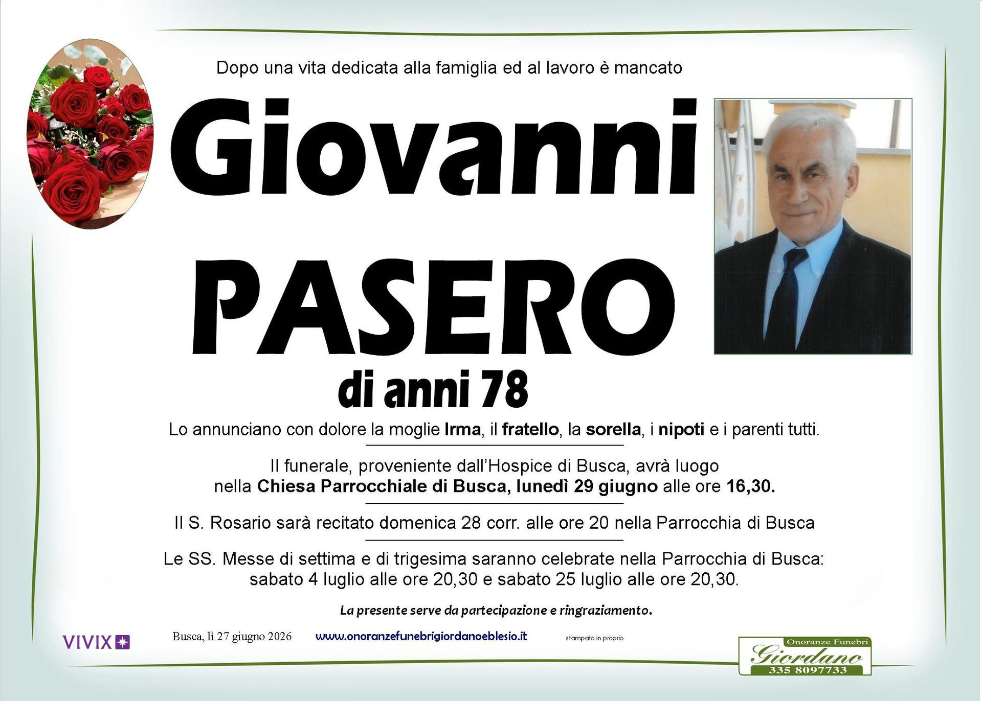 necrologio PASERO Giovanni