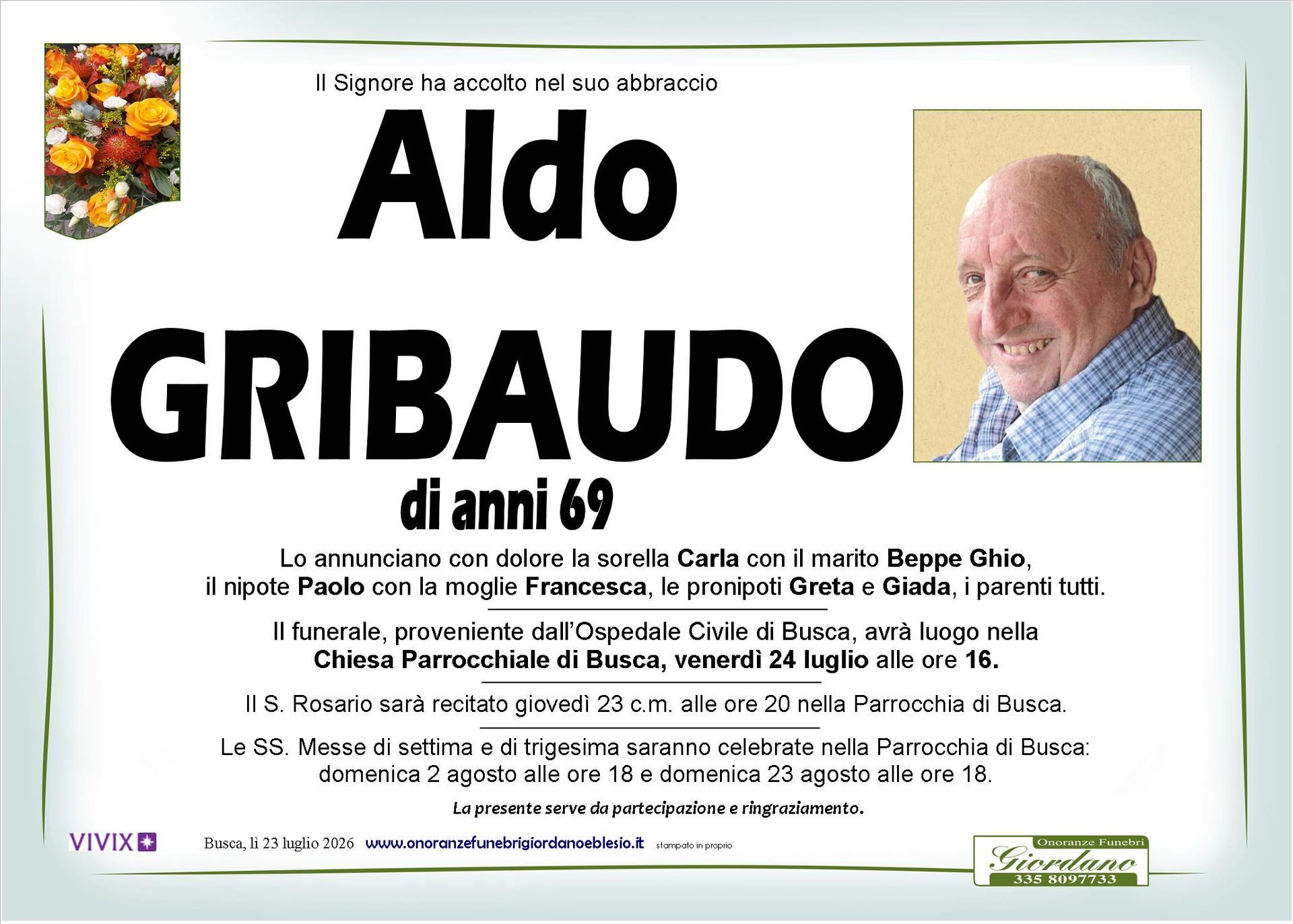 necrologio GRIBAUDO Aldo