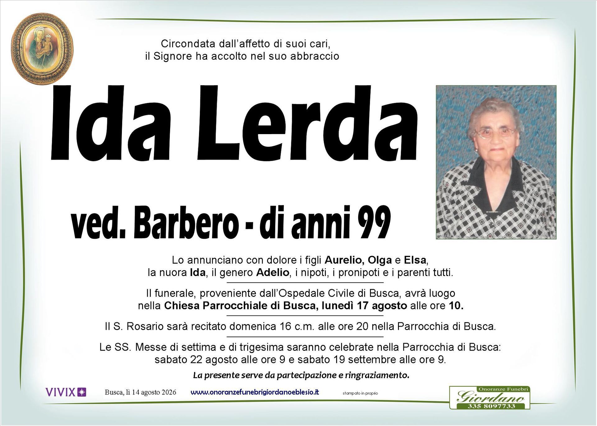 necrologio LERDA Ida ved. Barbero