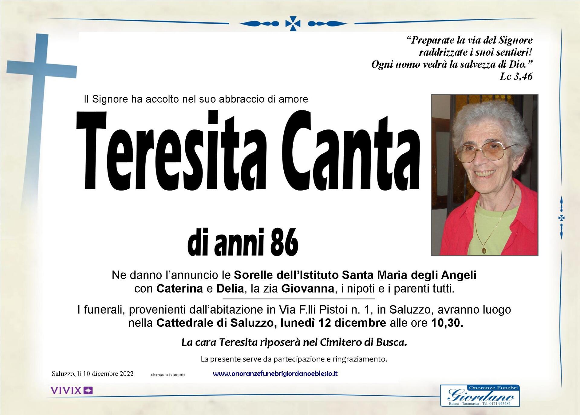 necrologio CANTA TERESITA