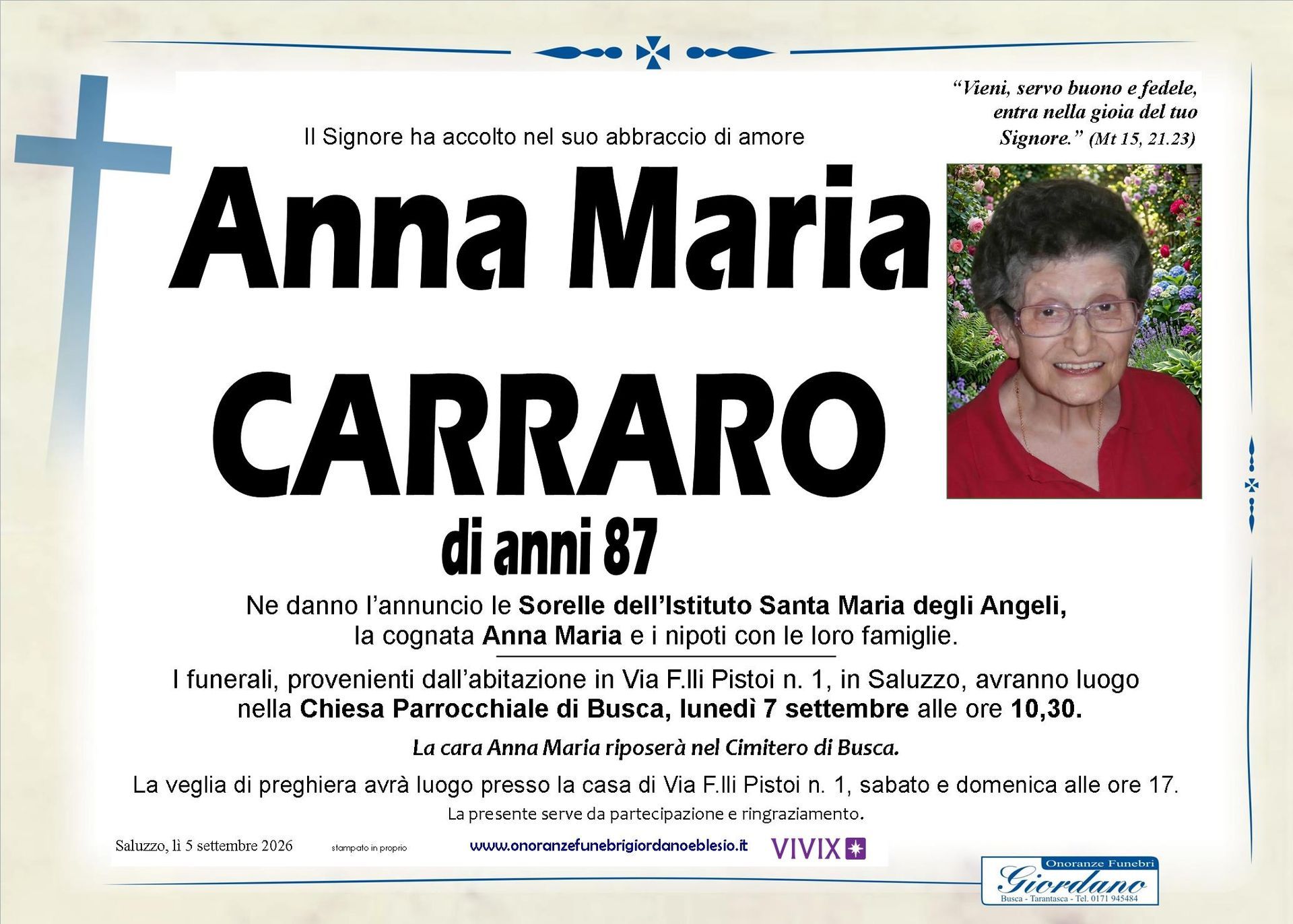 necrologio CARRARO Anna Maria