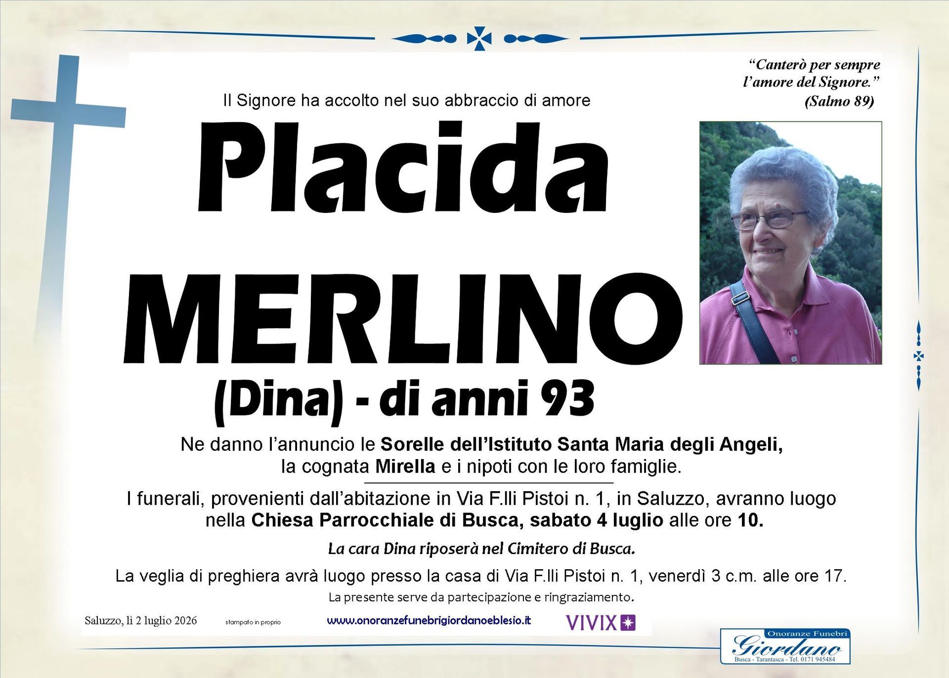 necrologio MERLINO Placida