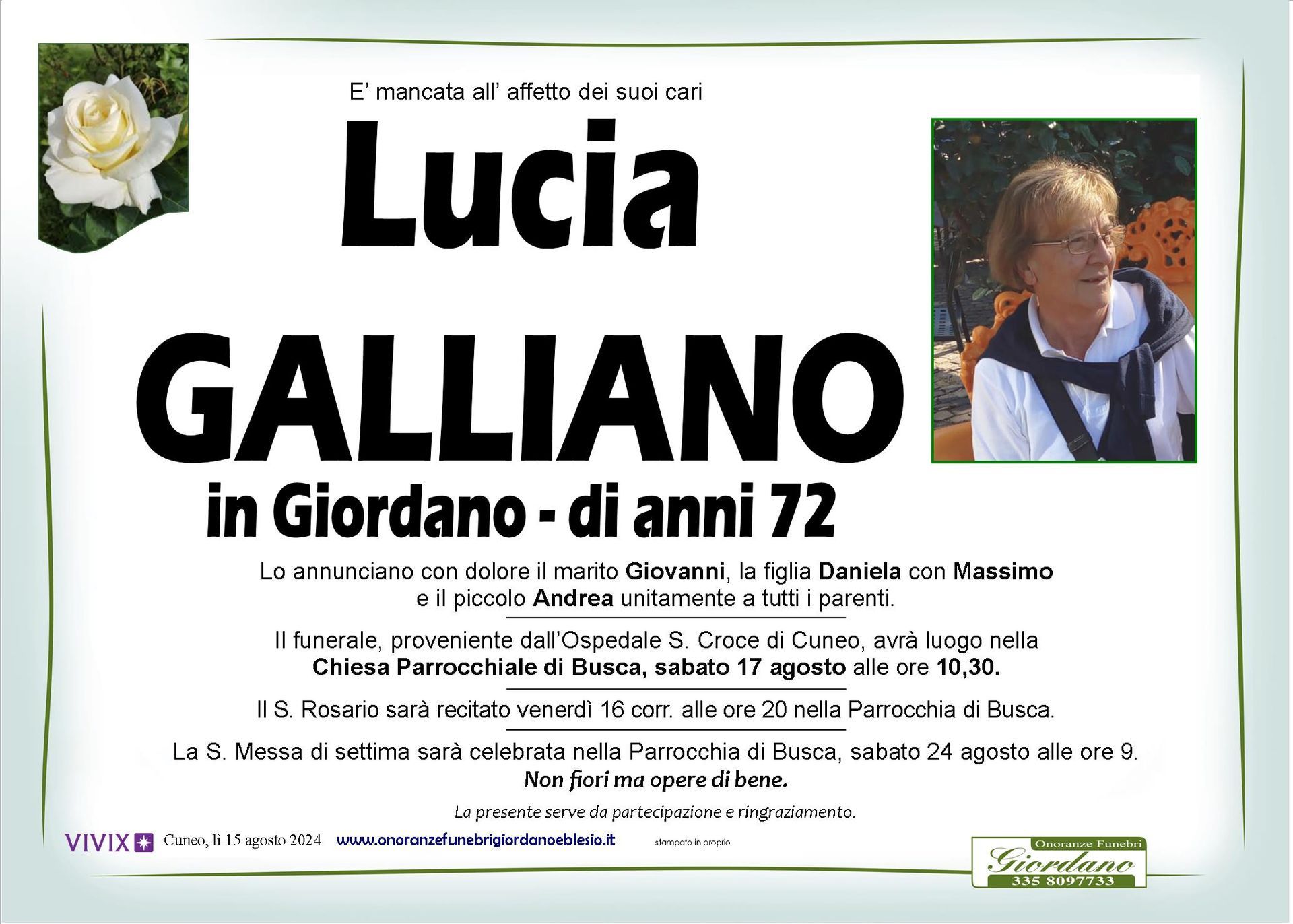 necrologio GALLIANO Lucia in Giordano