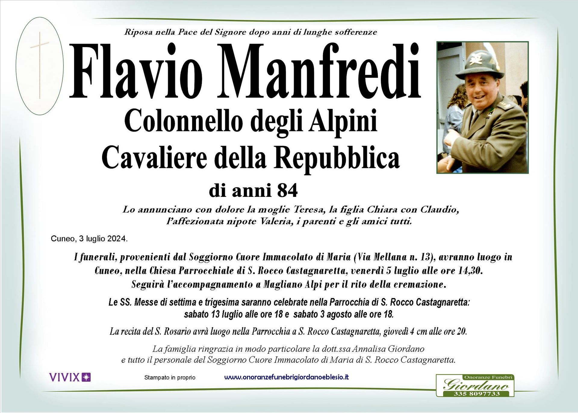necrologio MANFREDI Flavio