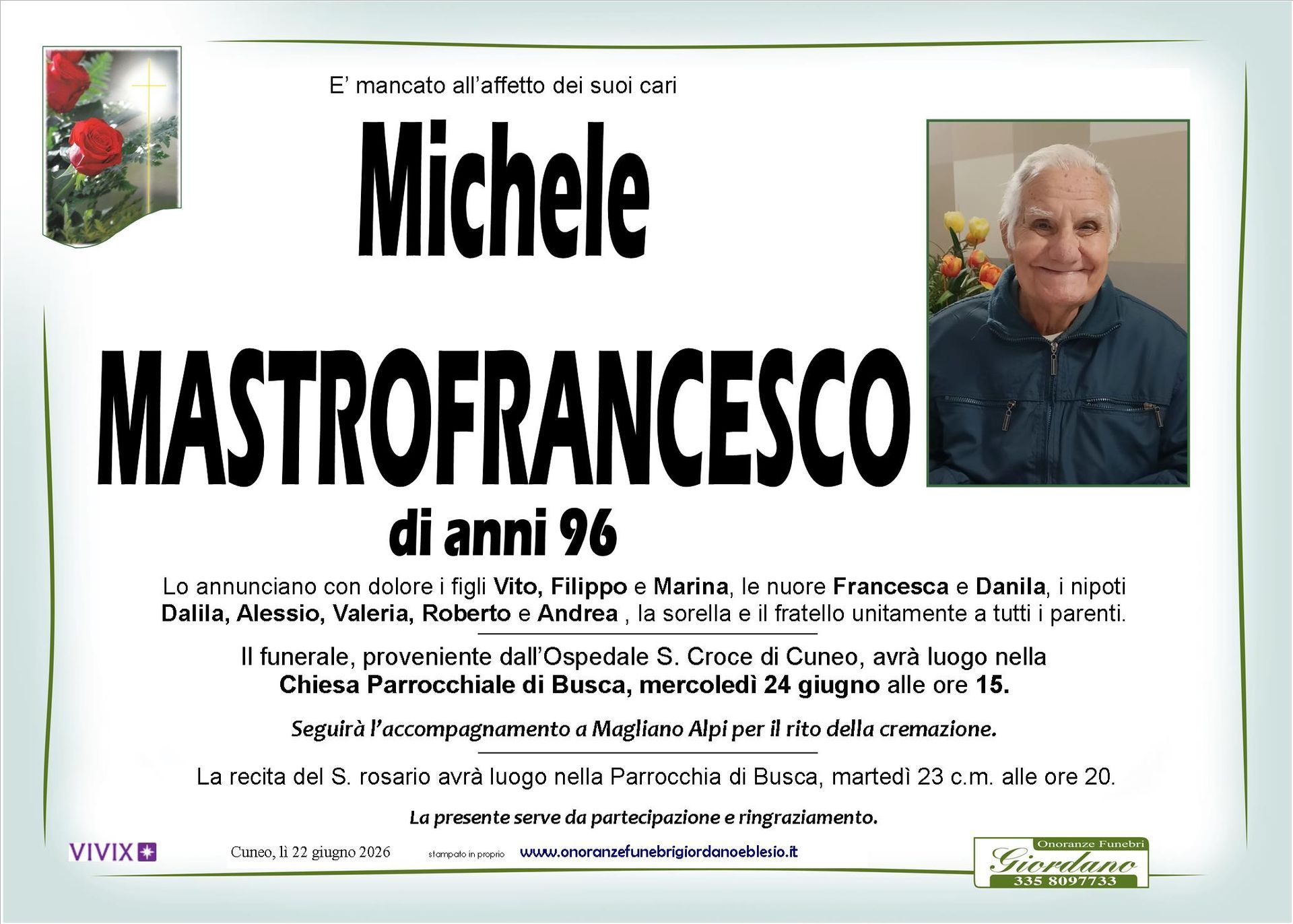 necrologio MASTROFRANCESCO Michele