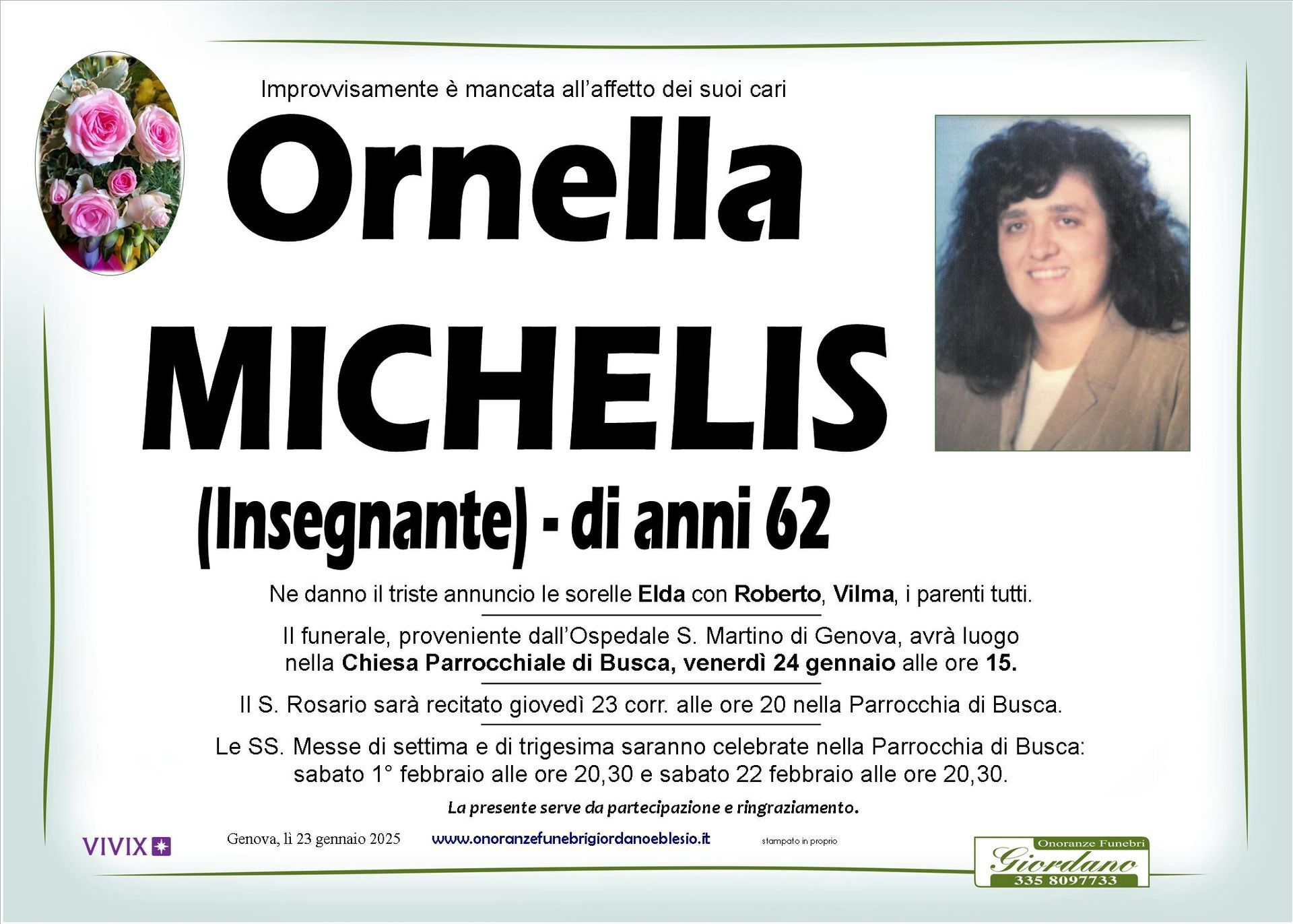 necrologio MICHELIS Ornella