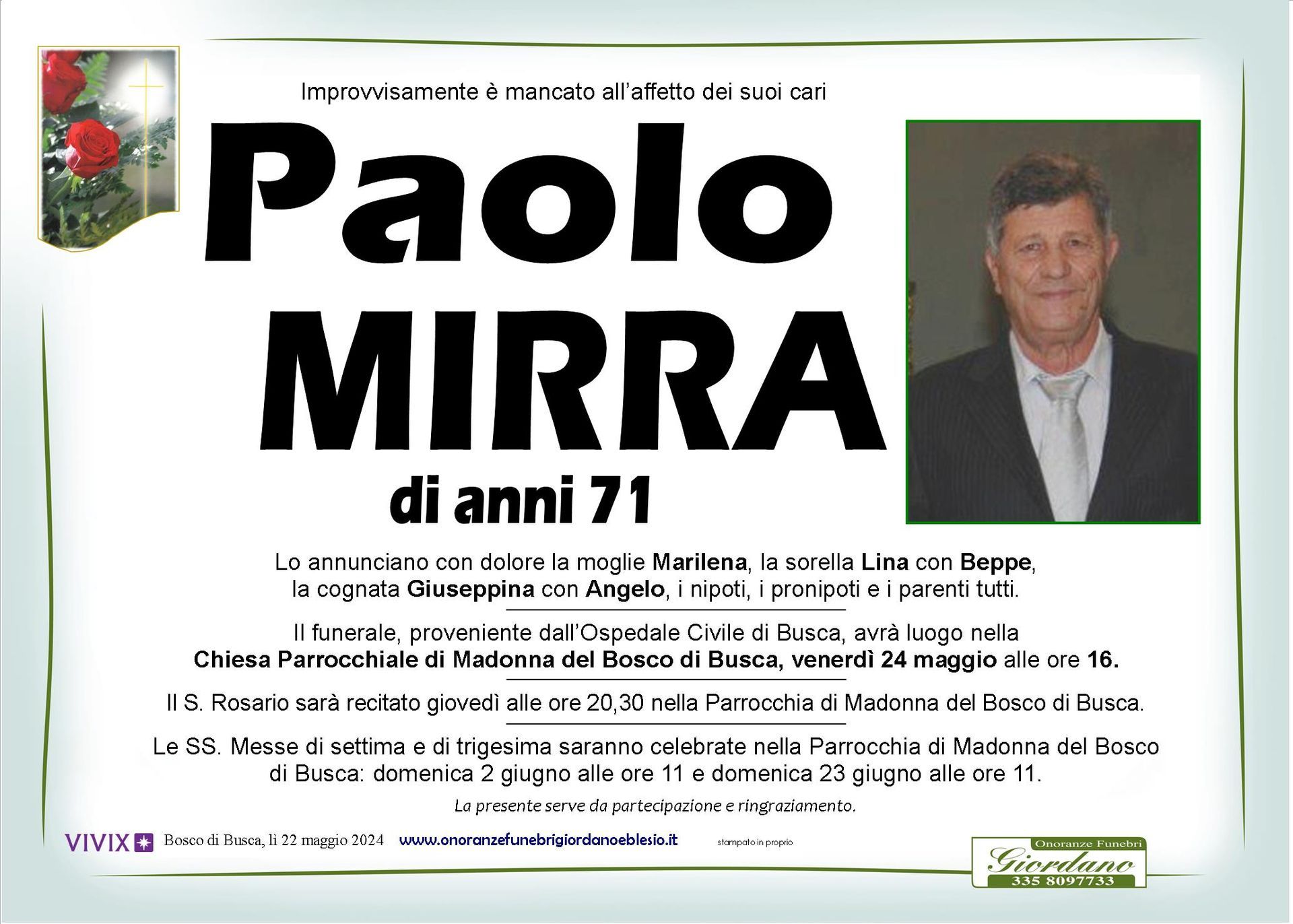 necrologio MIRRA Paolo