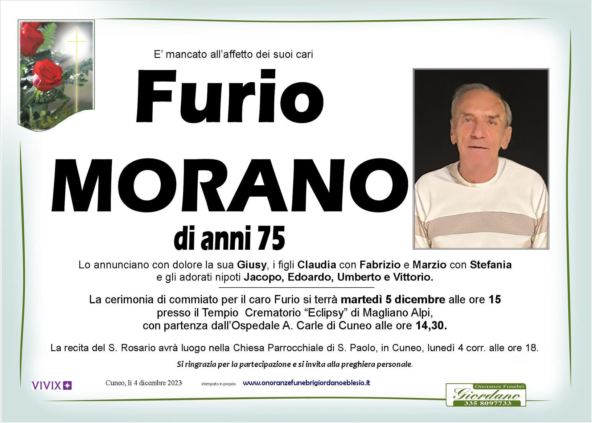 necrologio MORANO Furio