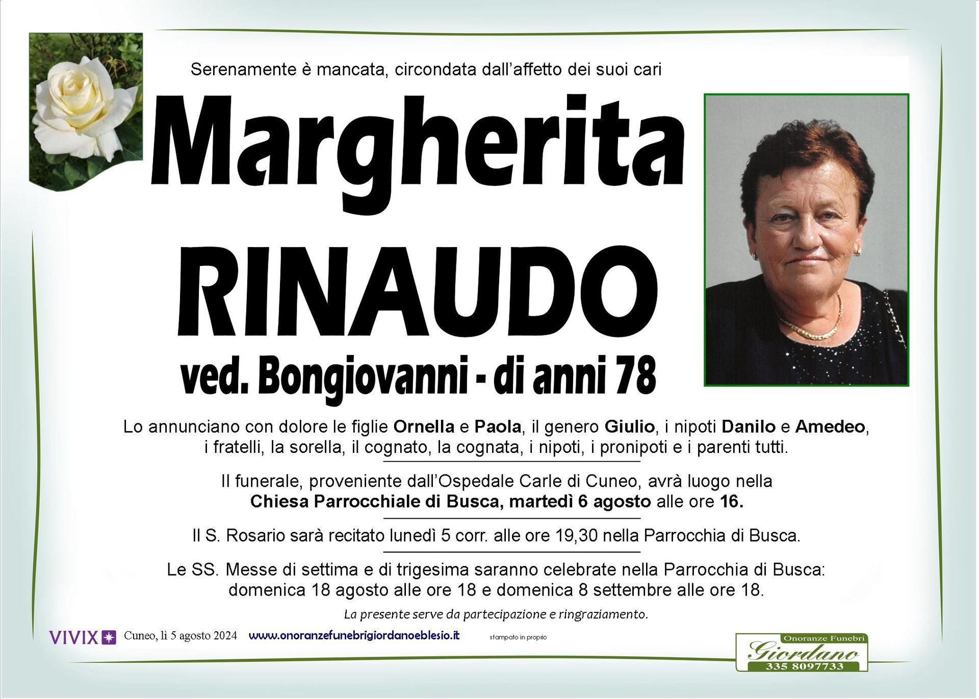 necrologio RINAUDO Margherita ved. Bongiovanni