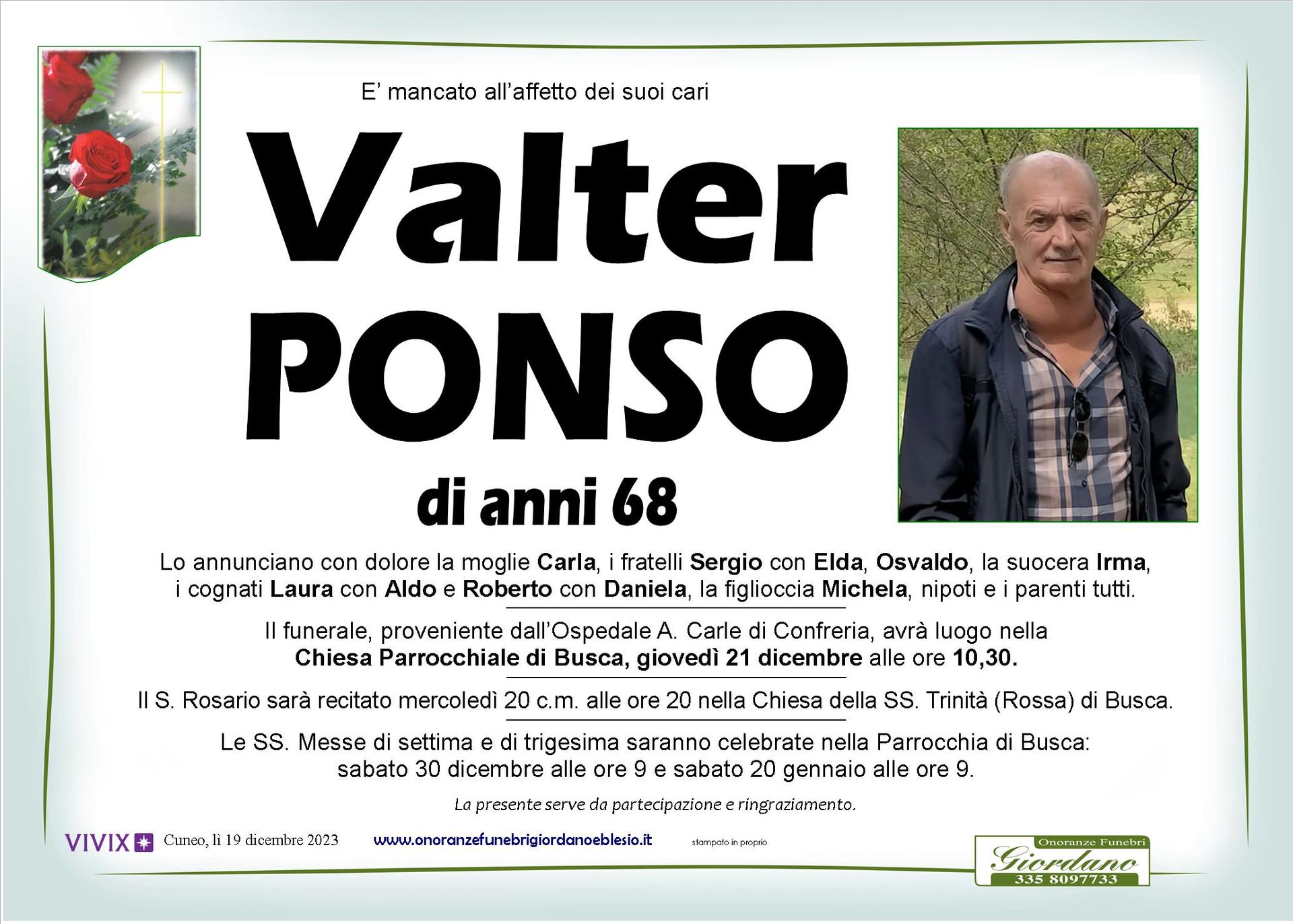 necrologio PONSO Valter
