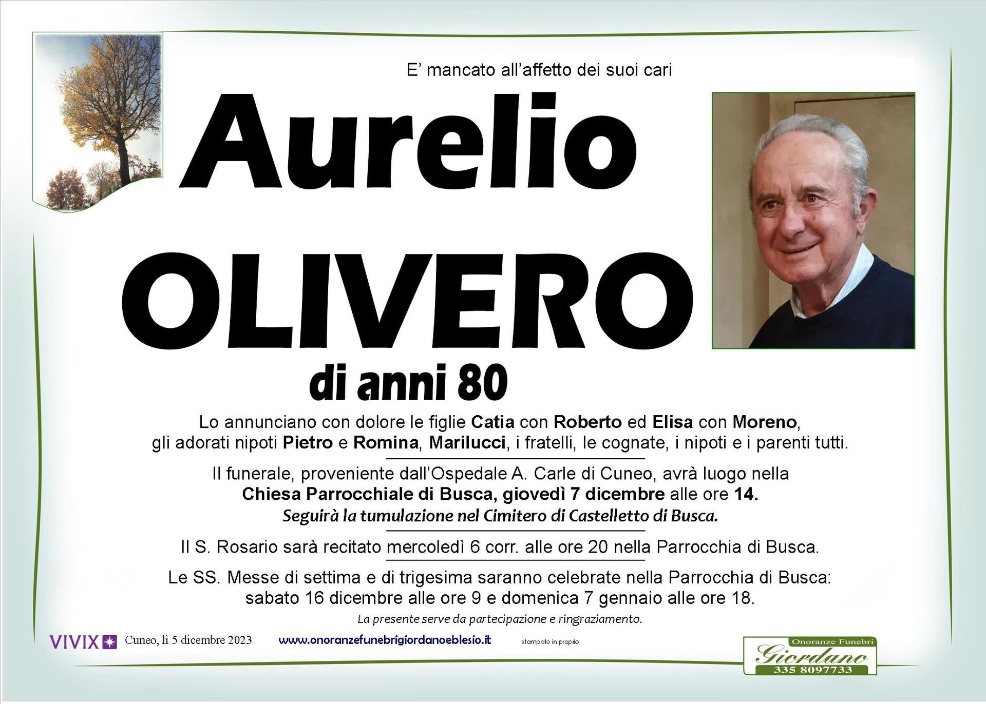 necrologio OLIVERO Aurelio