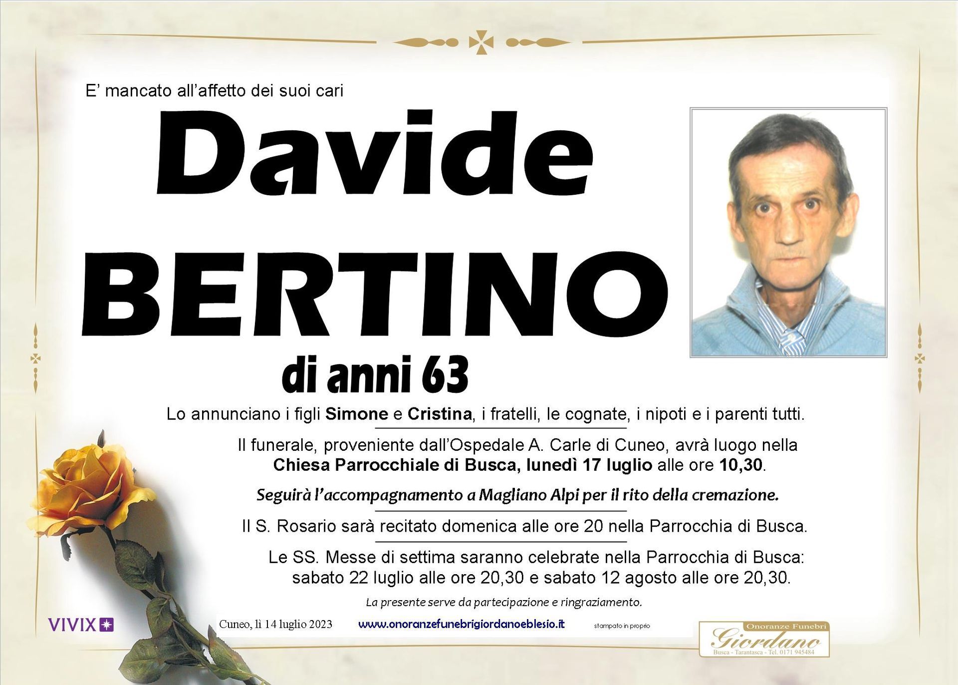 necrologio BERTINO Davide