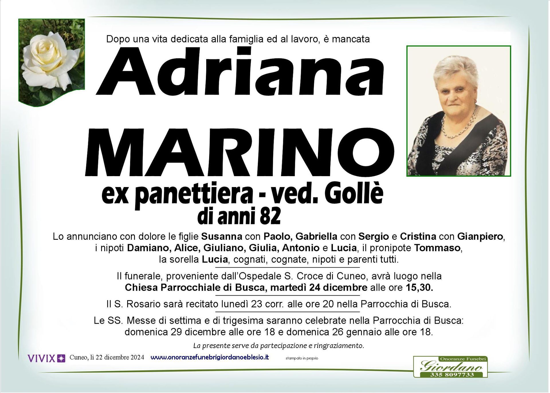 necrologio MARINO Adriana ved. Gollè