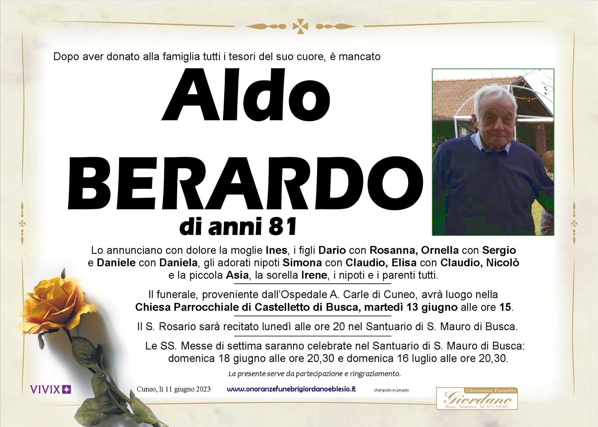 necrologio BERARDO Aldo