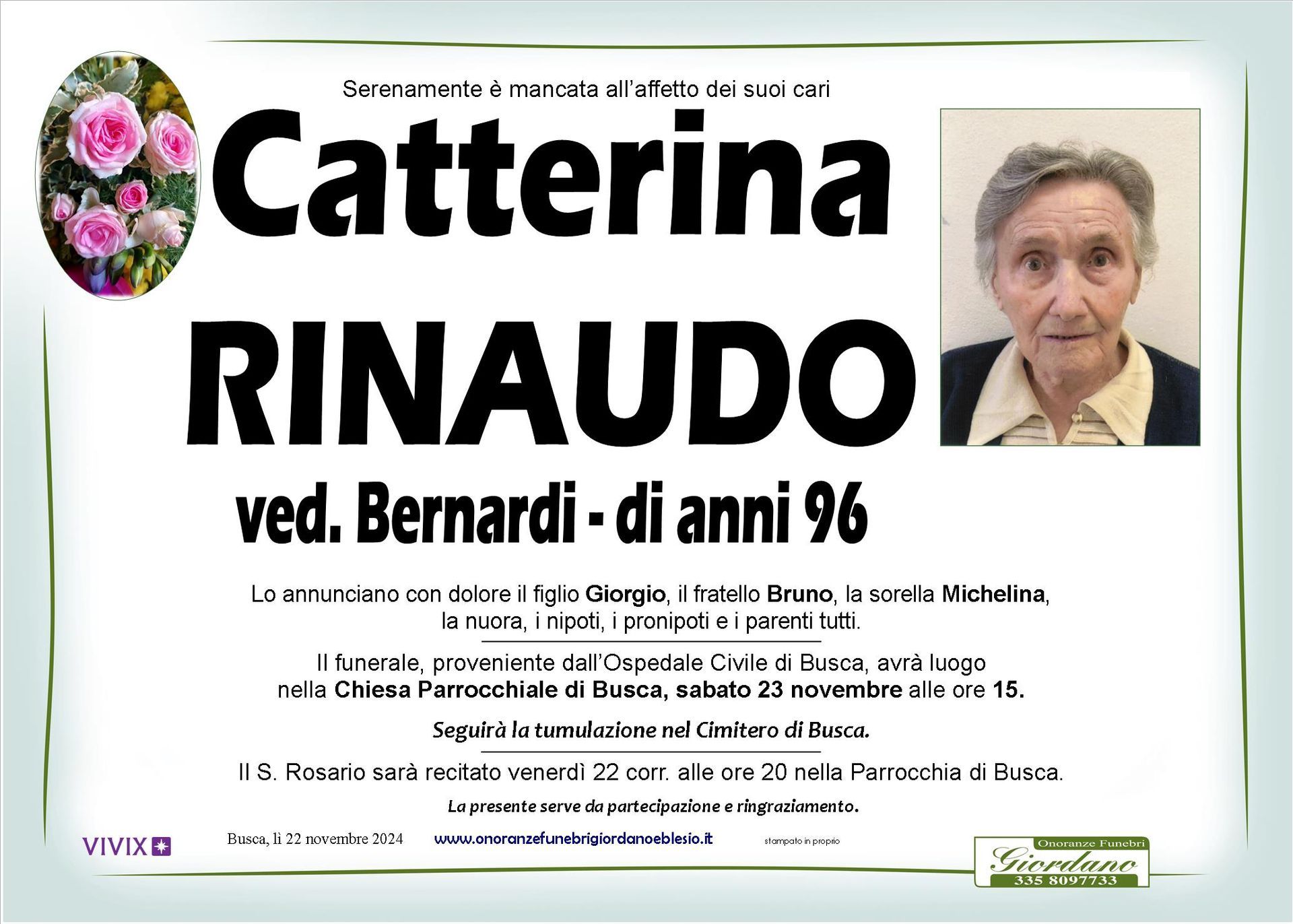 necrologio RINAUDO Catterina ved. Bernardi