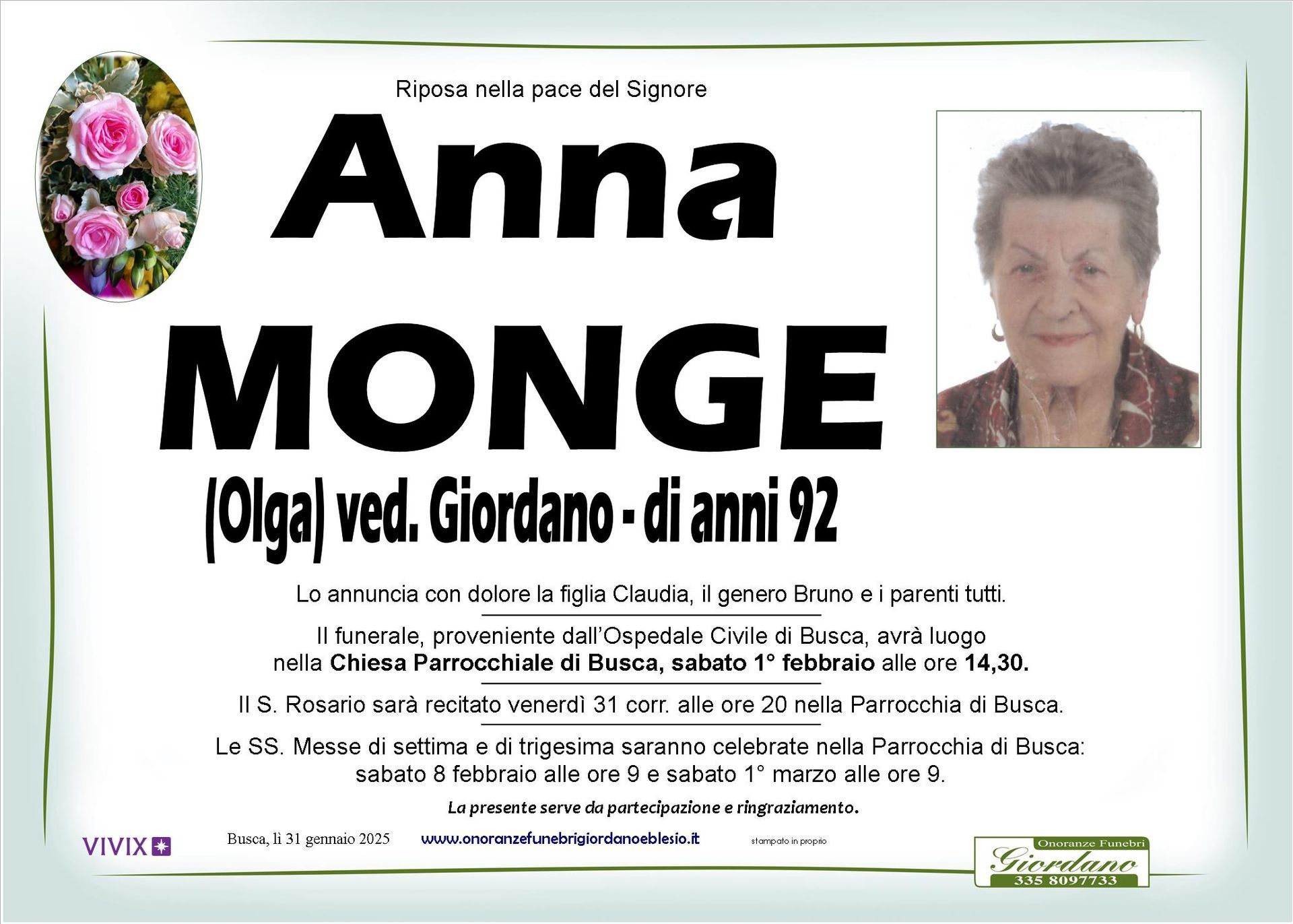 necrologio MONGE Anna ved. Giordano
