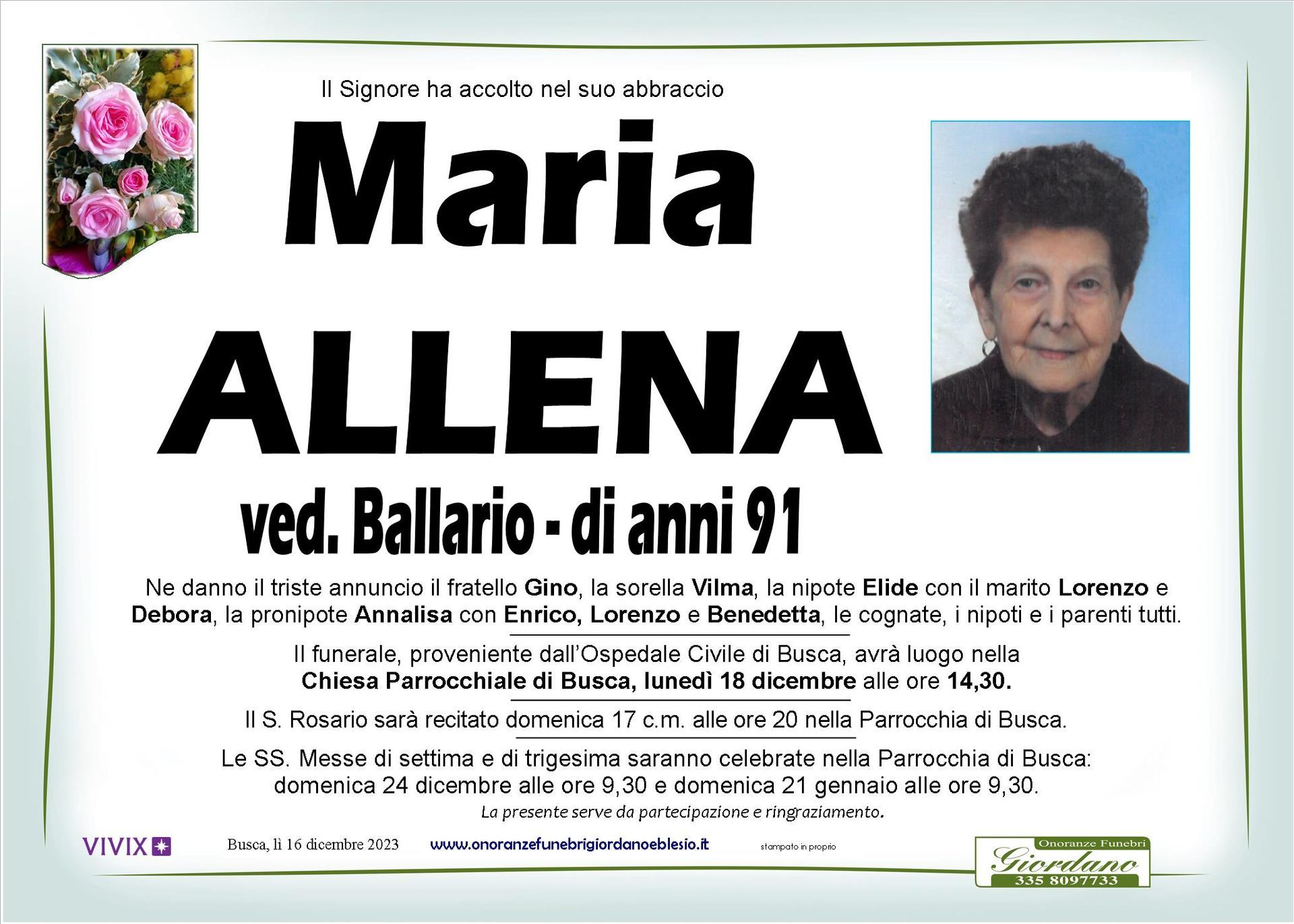 necrologio ALLENA Maria ved. Ballario