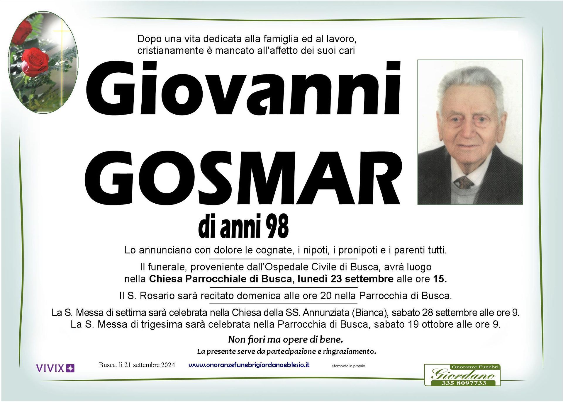 necrologio GOSMAR Giovanni