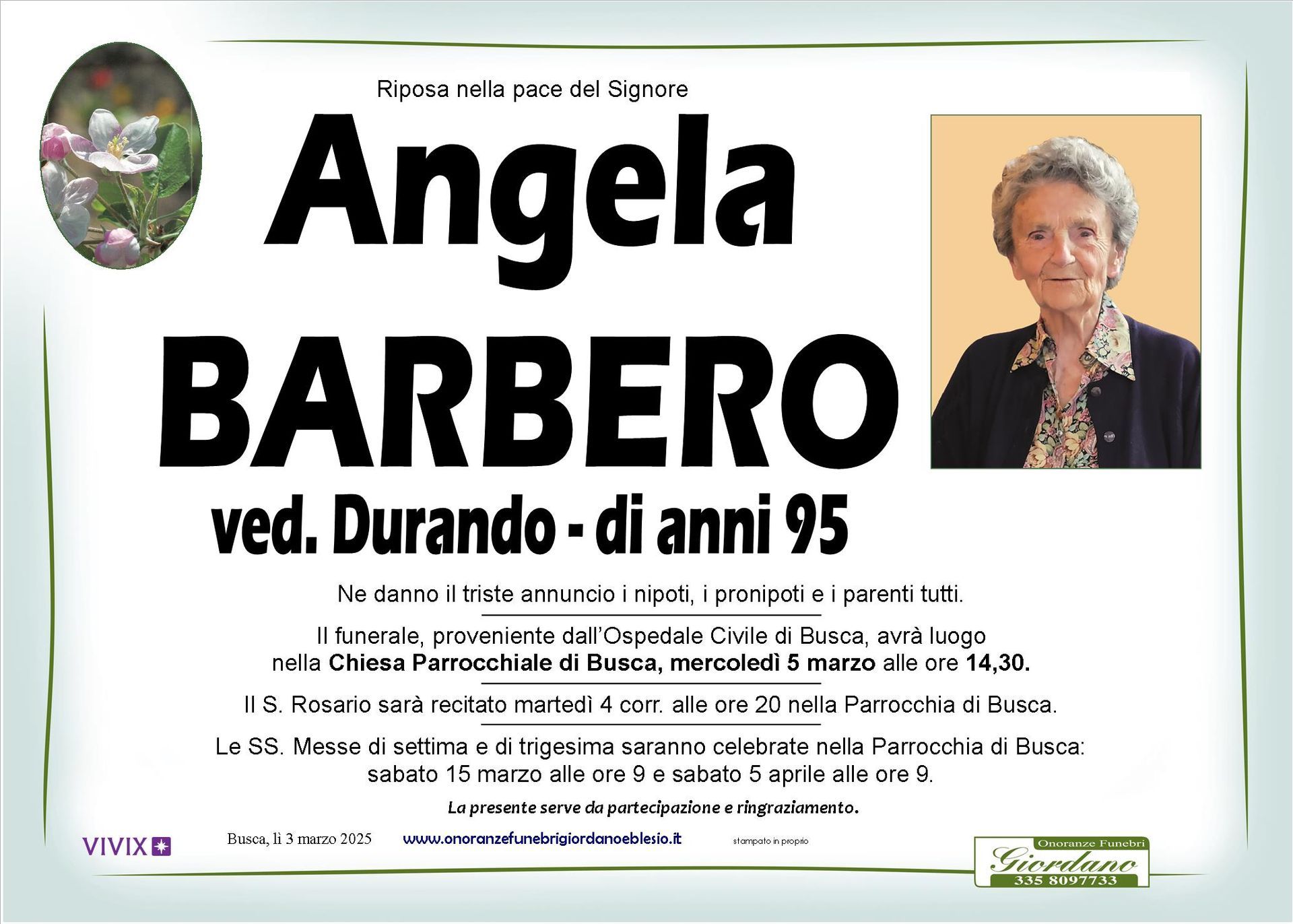 necrologio BARBERO Angela ved. Durando