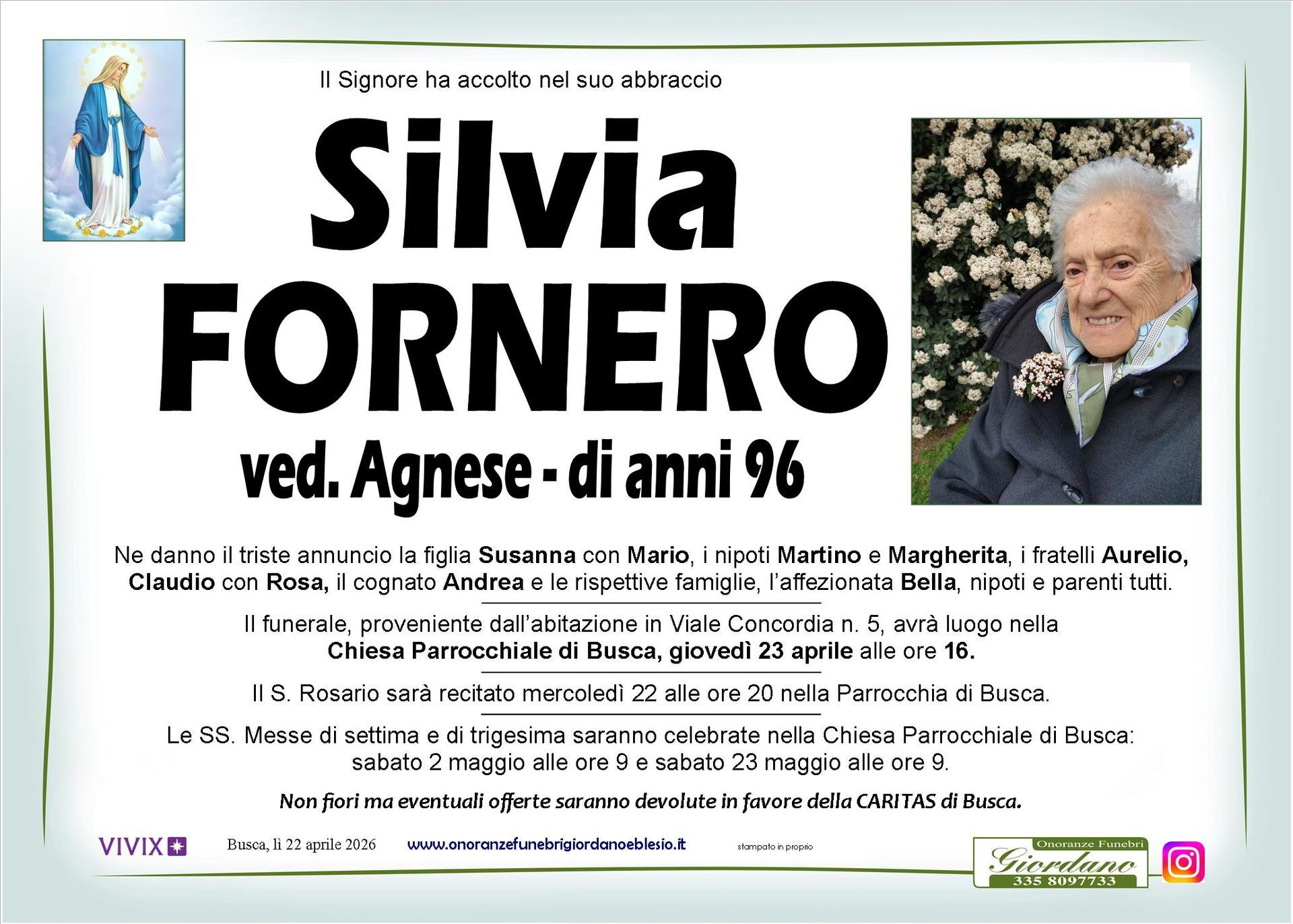 necrologio FORNERO Silvia ved. Agnese