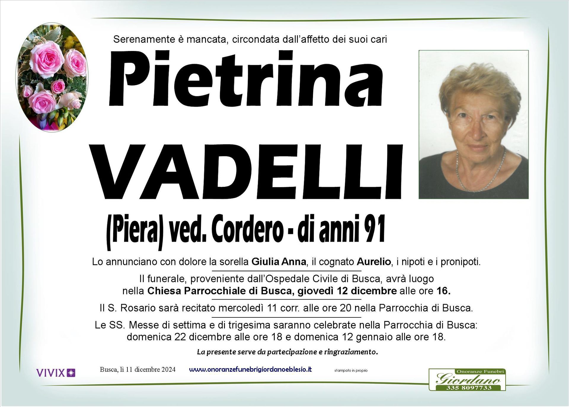 necrologio VADELLI Pietrina ved. Cordero