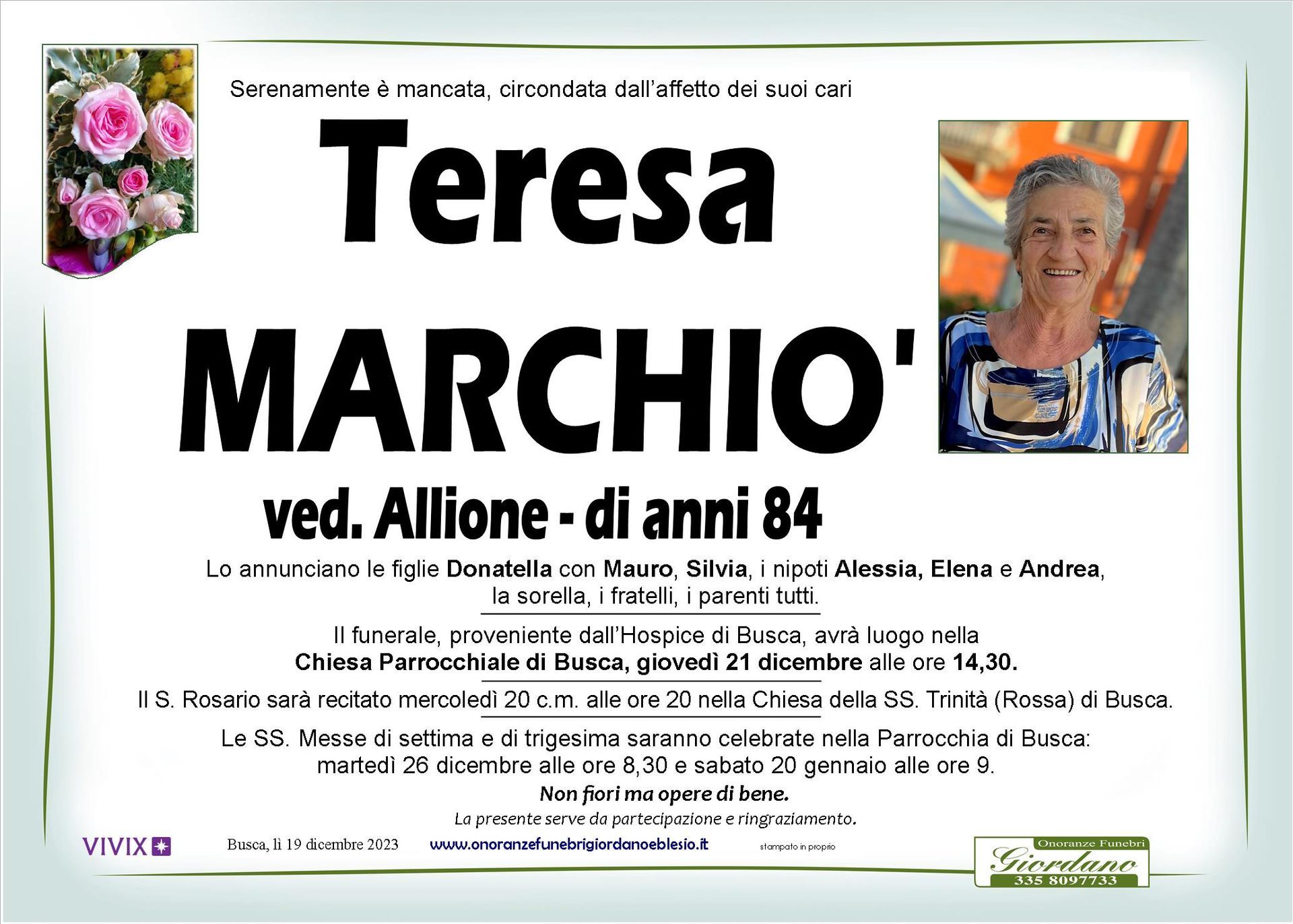 necrologio MARCHIO' Teresa ved. Allione