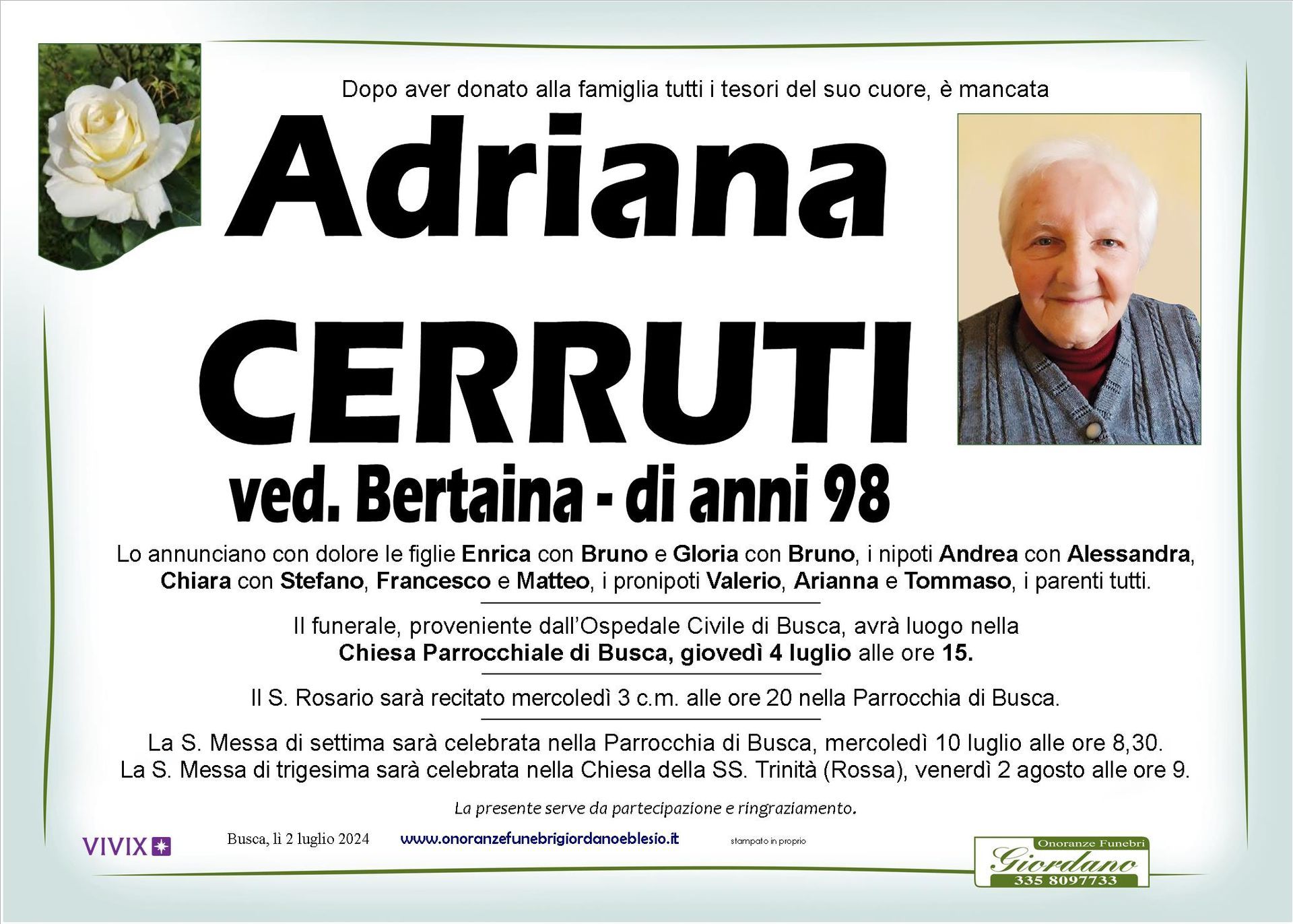 necrologio CERRUTI Adriana ved. Bertaina