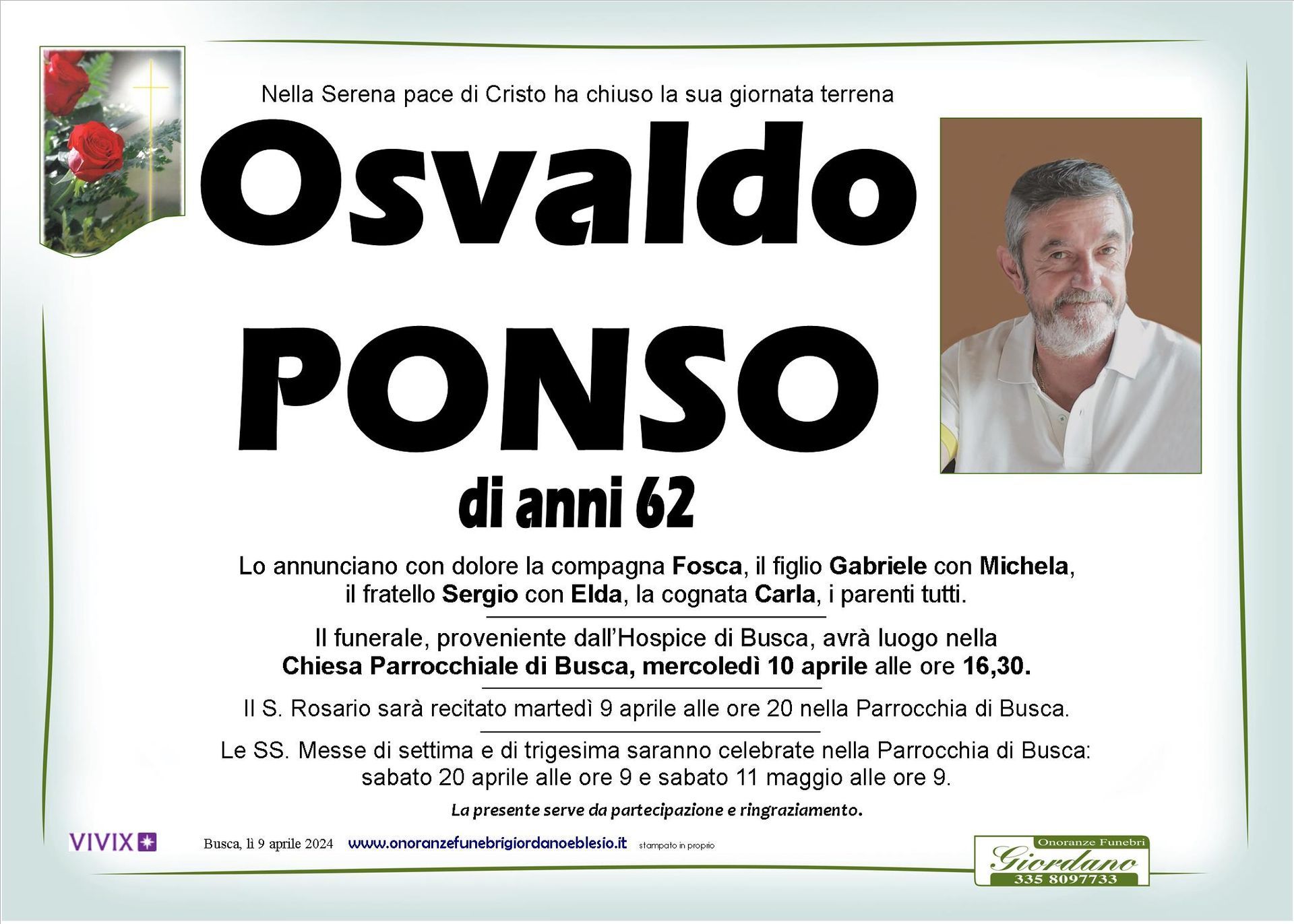 necrologio PONSO Secondo