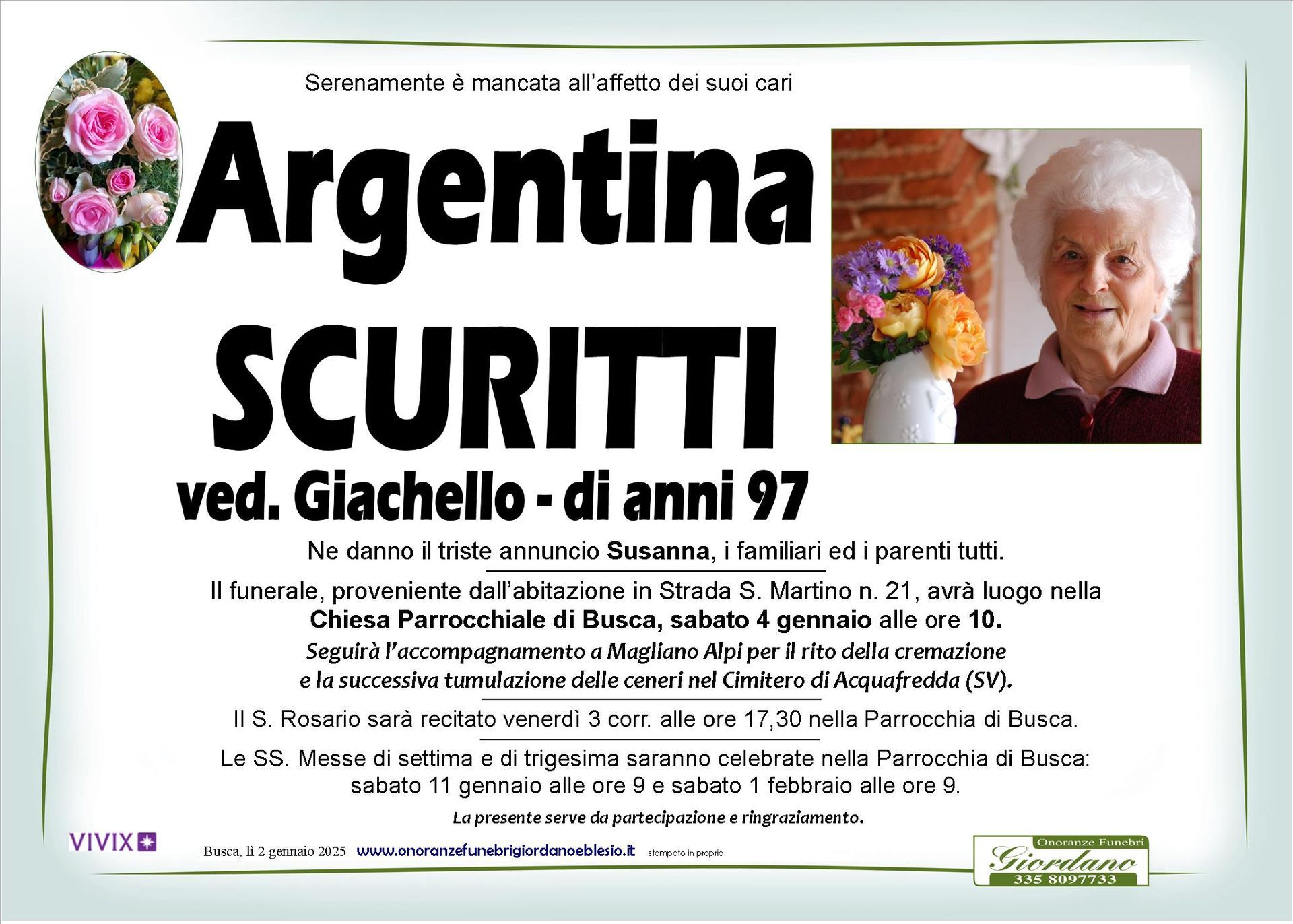 necrologio SCURITTI Argentina ved. Giachello