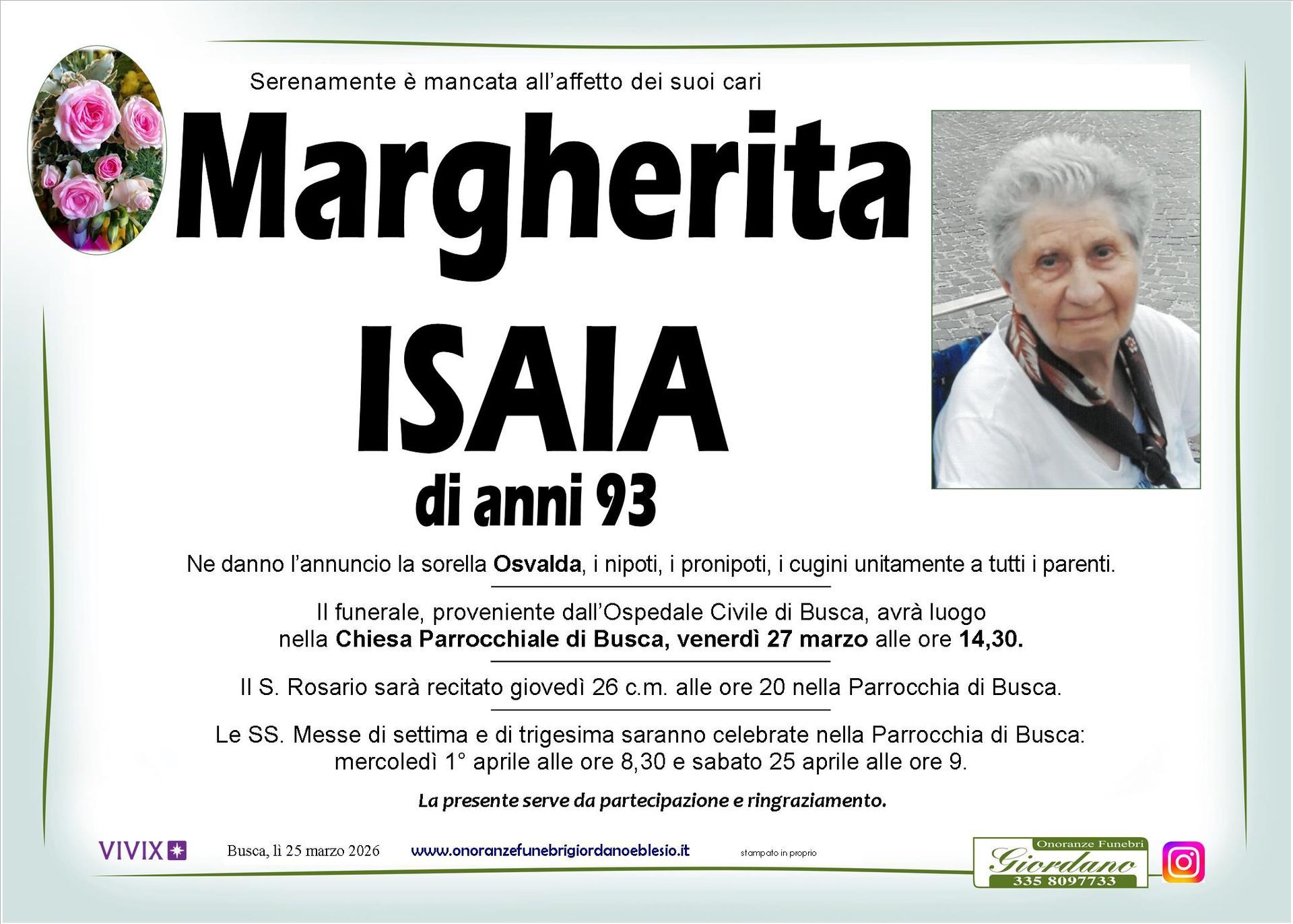 necrologio ISAIA Margherita