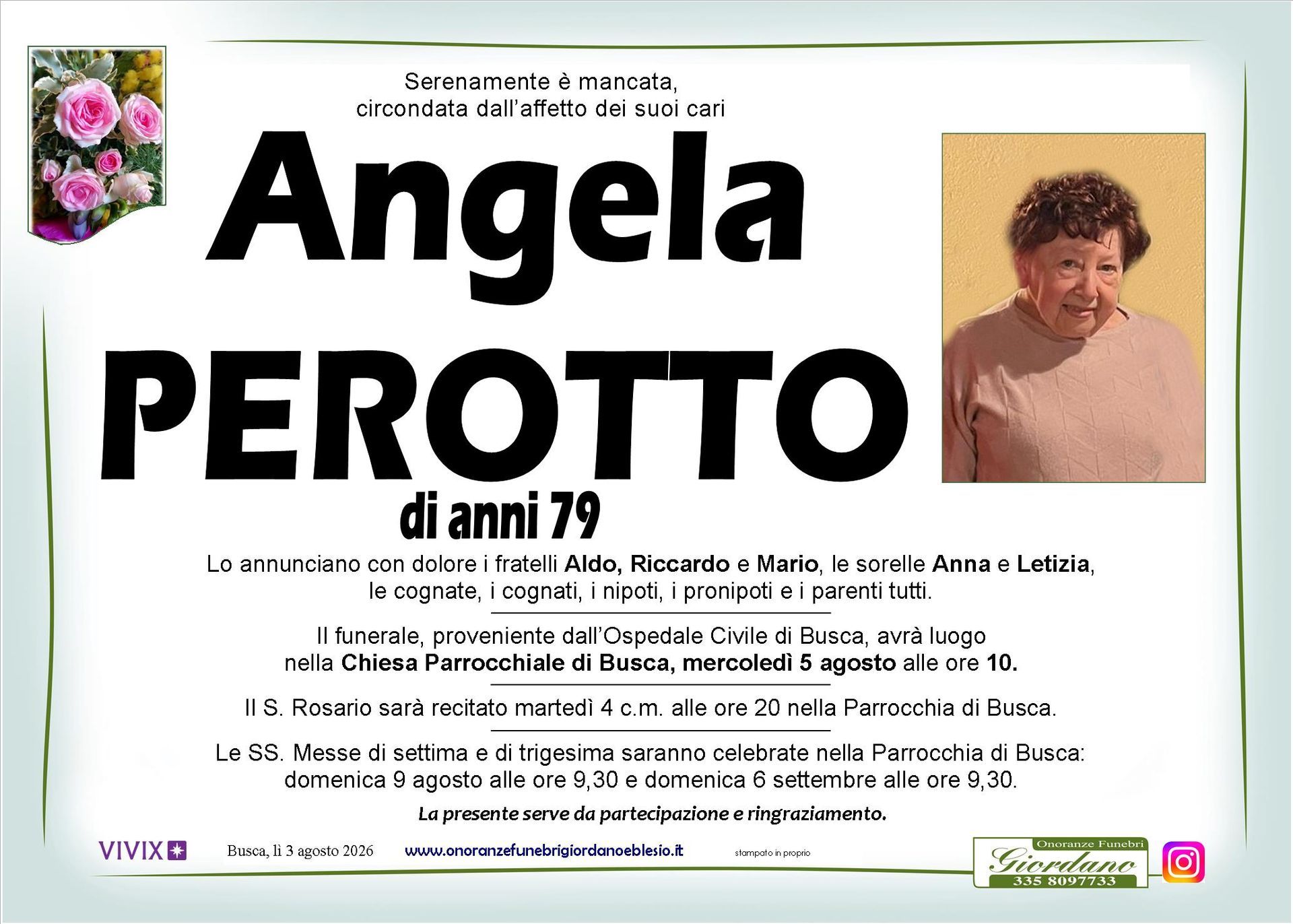necrologio PEROTTO Angela