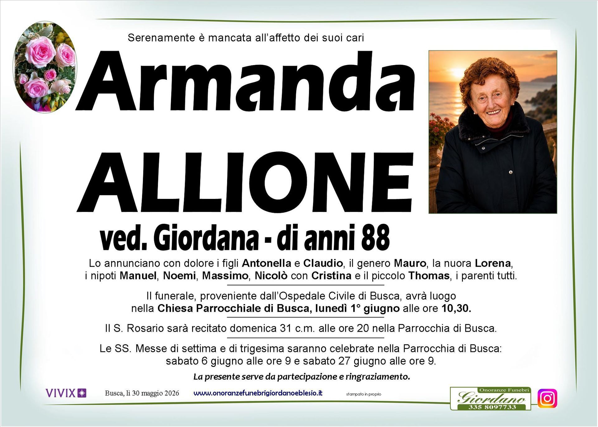 necrologio ALLIONE Armanda ved. Giordana